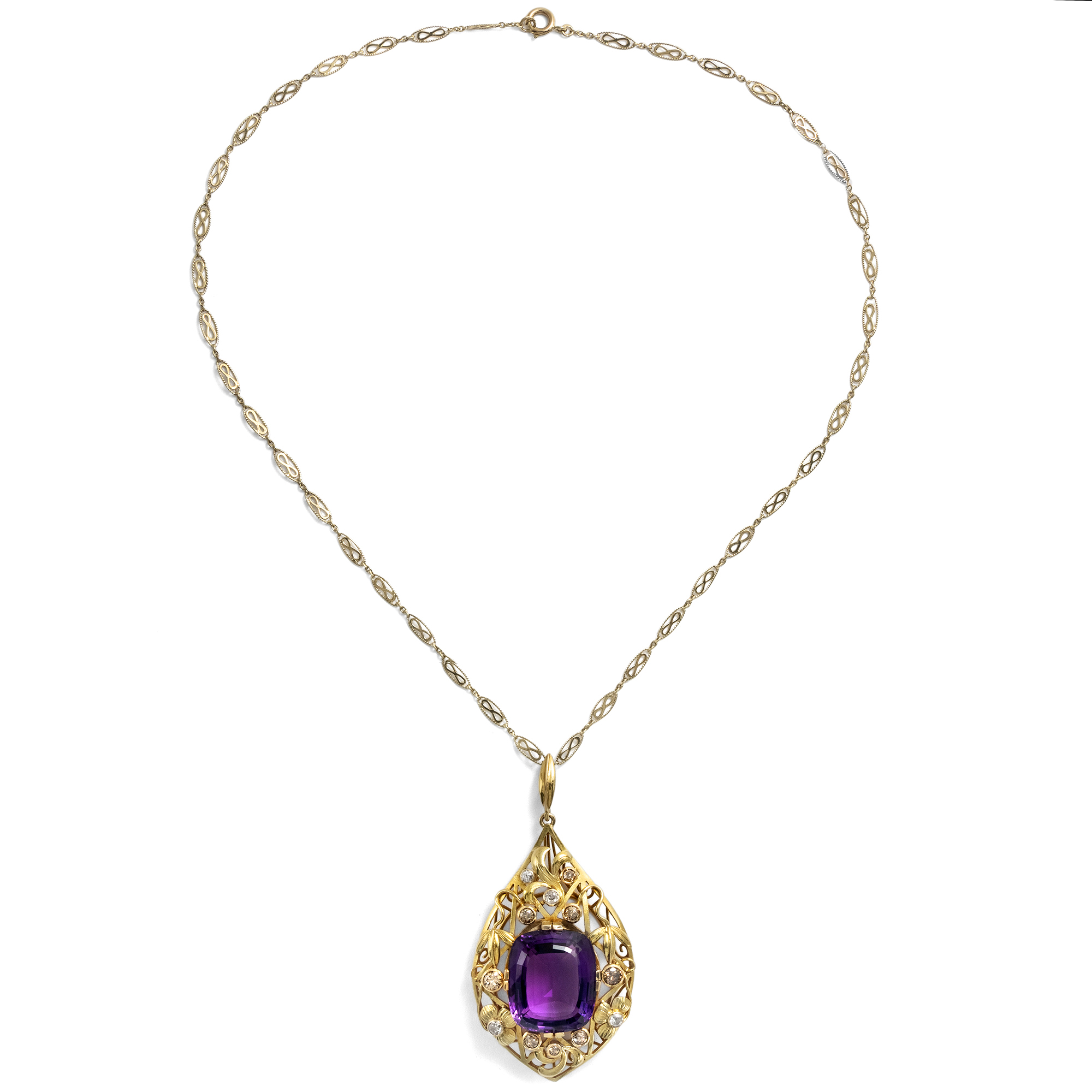 Großer expressionistischer Anhänger mit Amethyst & farbigen Diamanten in Gold, 1920er Jahre Großer expressionistischer Anhänger mit Amethyst & farbigen Diamanten in Gold, 1920er Jahre