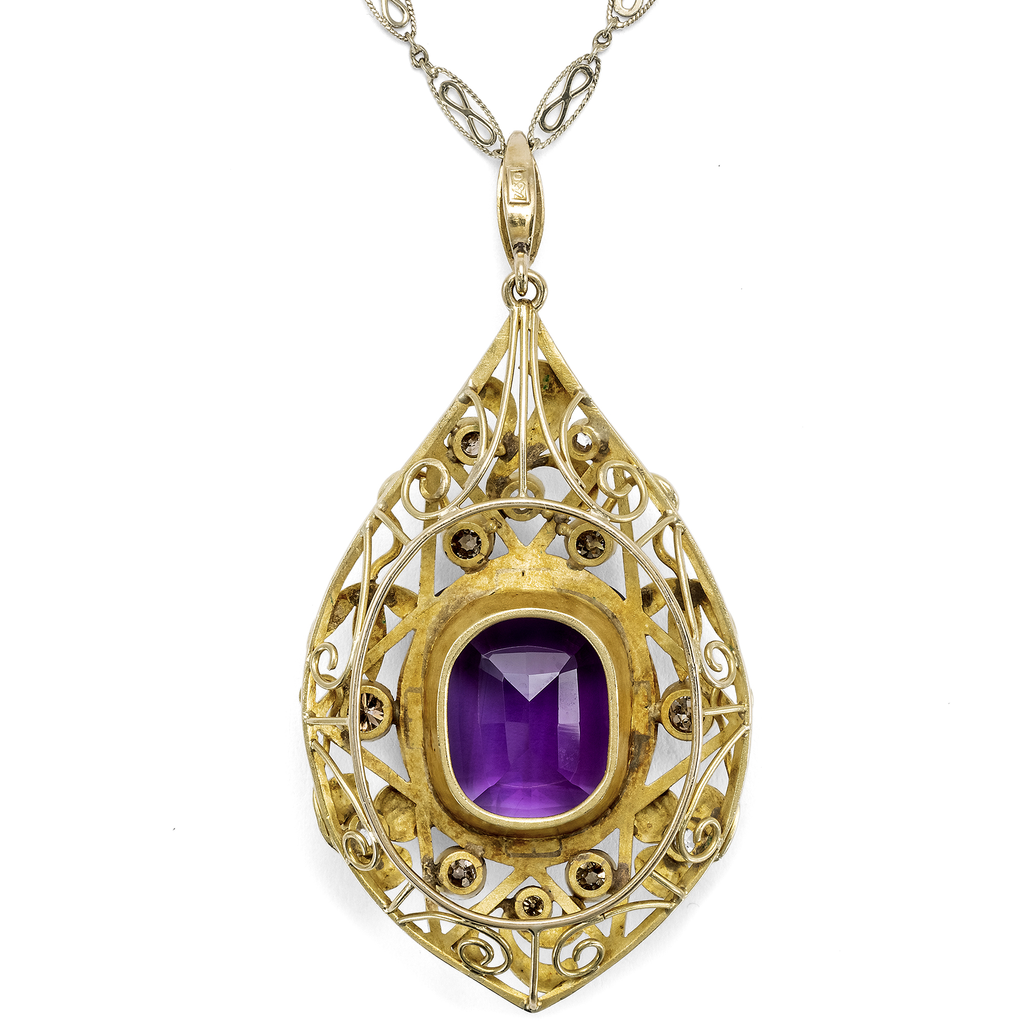 Großer expressionistischer Anhänger mit Amethyst & farbigen Diamanten in Gold, 1920er Jahre Großer expressionistischer Anhänger mit Amethyst & farbigen Diamanten in Gold, 1920er Jahre
