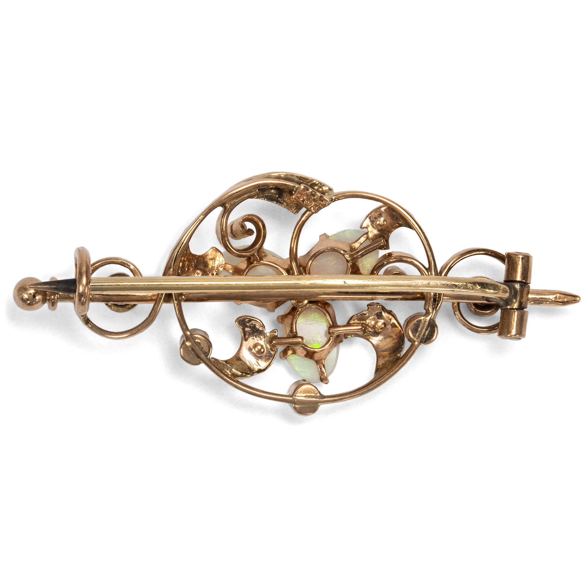 Zarte Brosche aus rötlichem Gold mit Opalen und Perlen, Deutschland um 1895 Zarte Brosche aus rötlichem Gold mit Opalen und Perlen, Deutschland um 1895