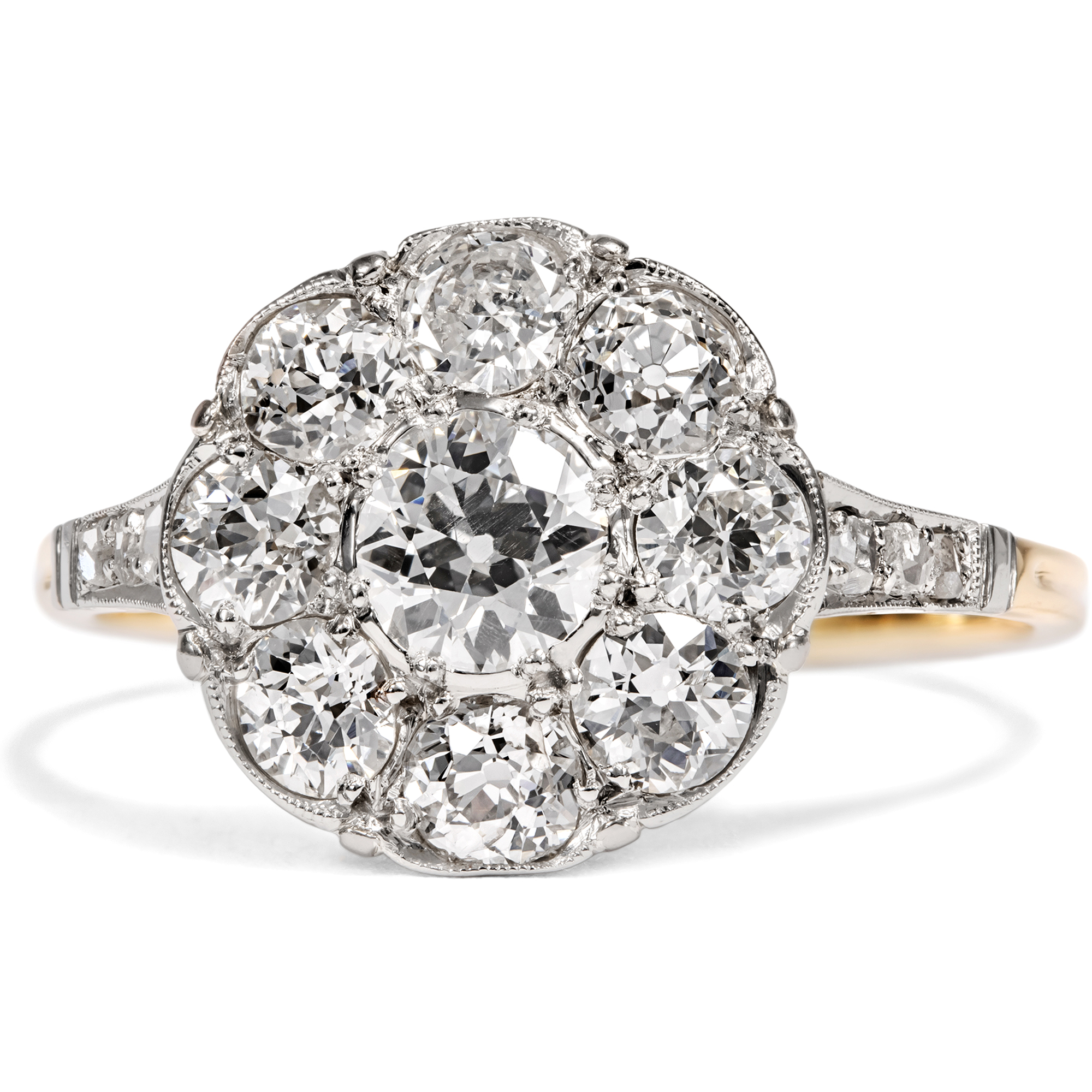Bezaubernder antiker Blüten-Ring mit Diamanten in Gold & Platin, um 1910 Bezaubernder antiker Blüten-Ring mit Diamanten in Gold & Platin, um 1910