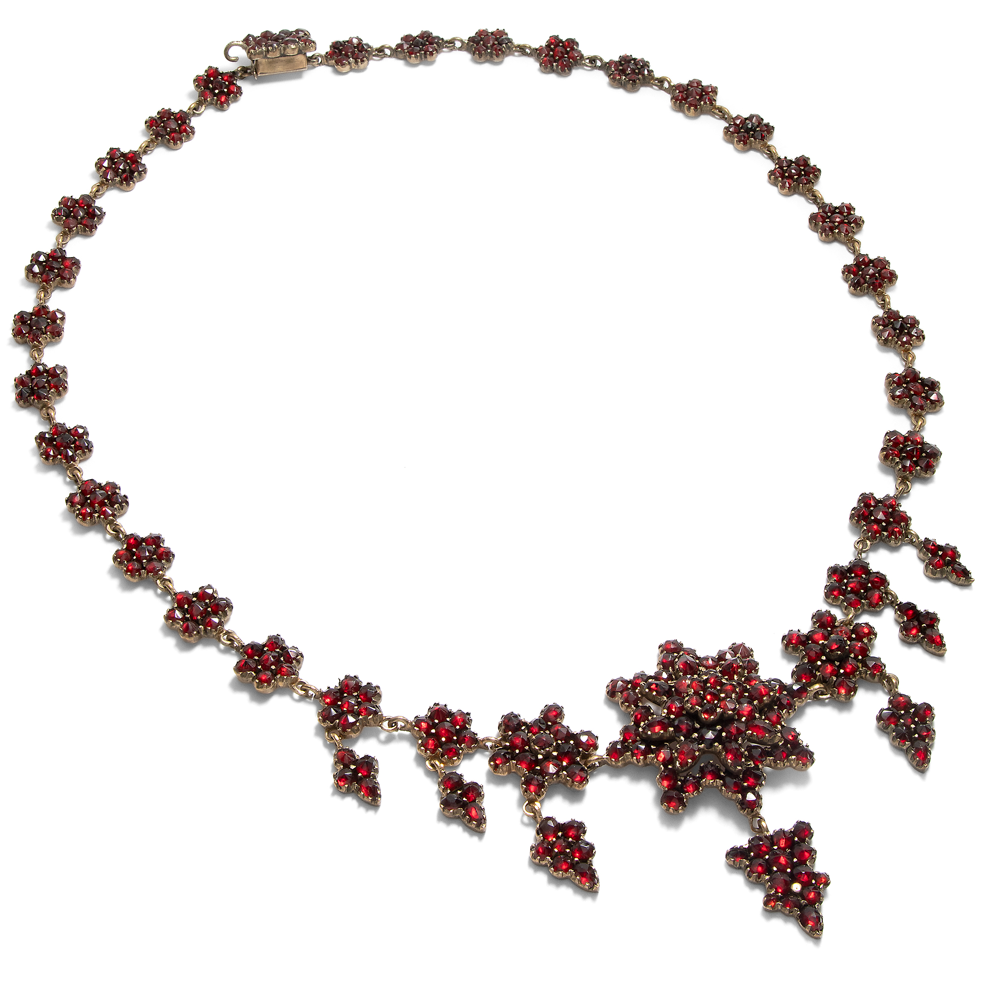 Antikes Collier mit Sternen & Blüten aus böhmischen Granaten, um 1890 Antikes Collier mit Sternen & Blüten aus böhmischen Granaten, um 1890