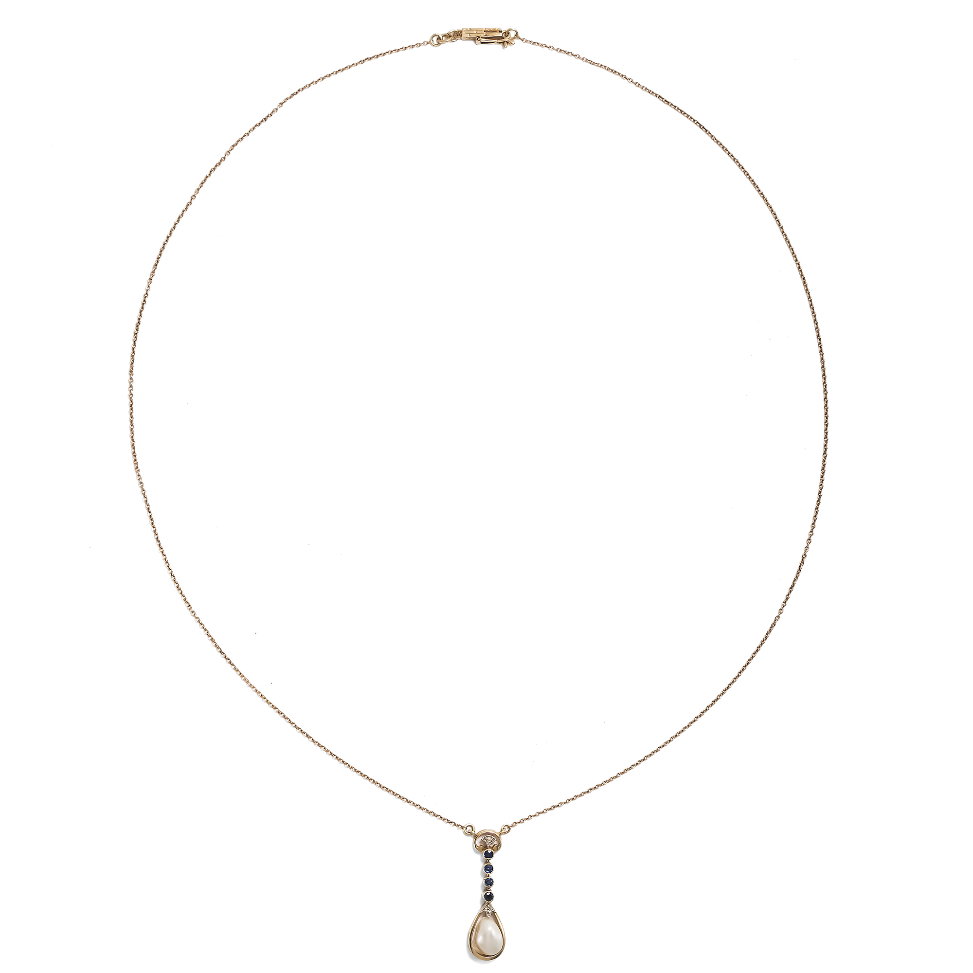 Antikes Collier mit Blisterperle, Verneuil-Saphiren & Diamant in Gold, um 1910 Antikes Collier mit Blisterperle, Verneuil-Saphiren & Diamant in Gold, um 1910