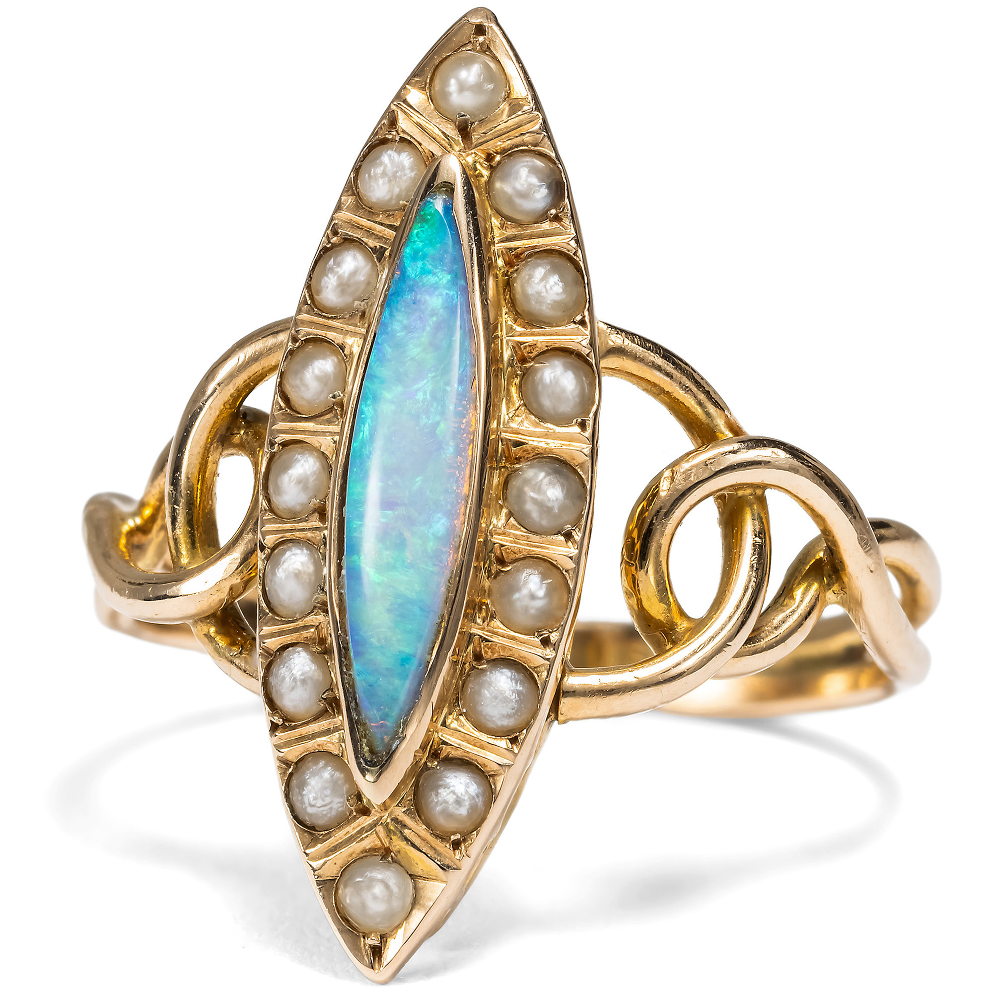 Antiker Marquise-Ring mit Opal & Perlen in Gold, um 1900 Antiker Marquise-Ring mit Opal & Perlen in Gold, um 1900