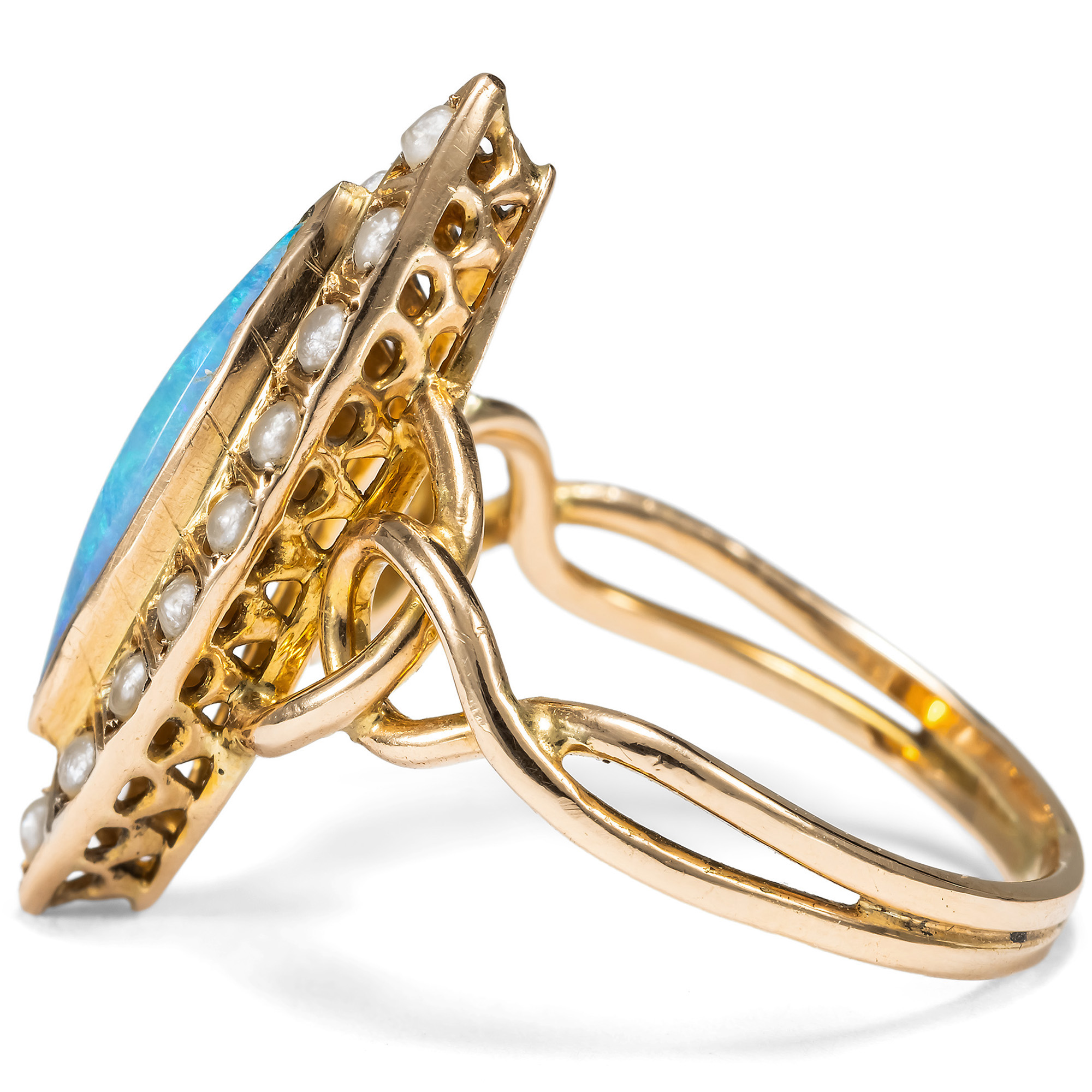 Antiker Marquise-Ring mit Opal & Perlen in Gold, um 1900 Antiker Marquise-Ring mit Opal & Perlen in Gold, um 1900