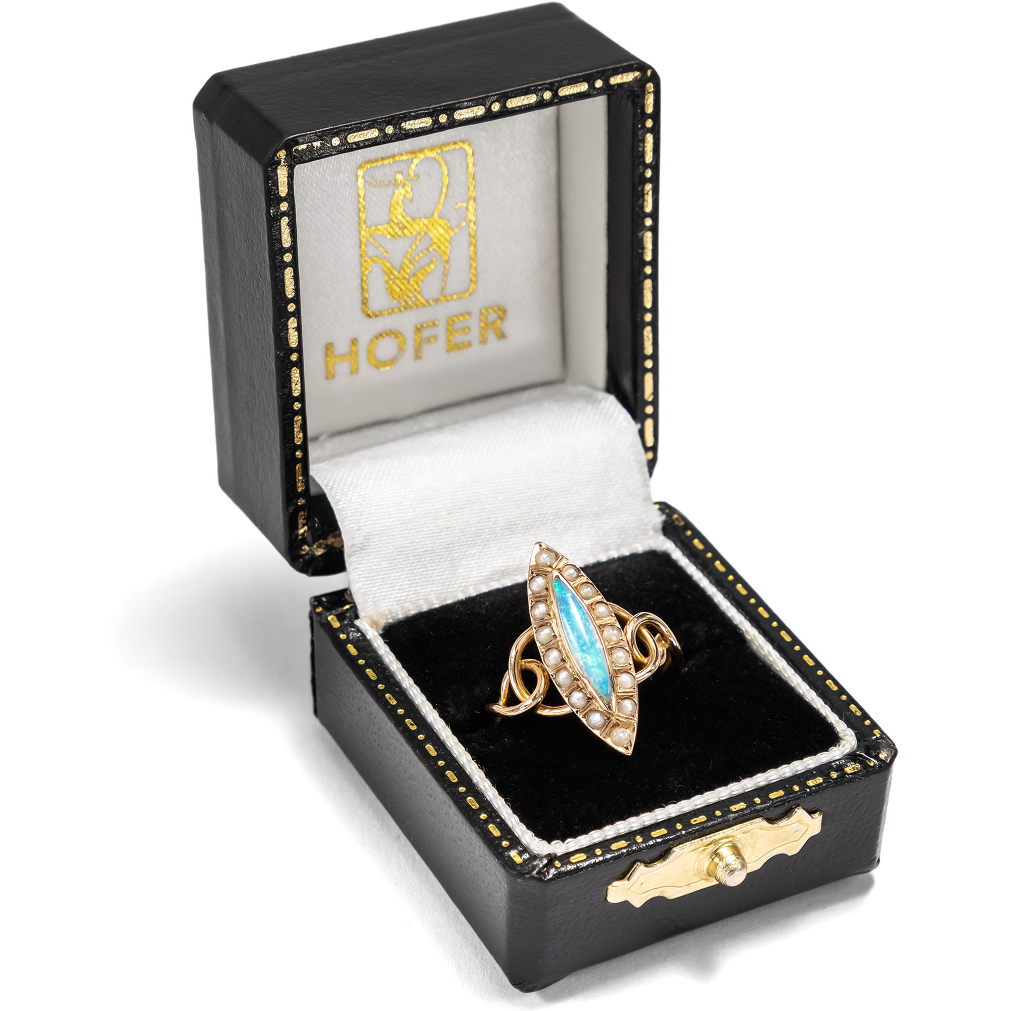 Antiker Marquise-Ring mit Opal & Perlen in Gold, um 1900 Antiker Marquise-Ring mit Opal & Perlen in Gold, um 1900