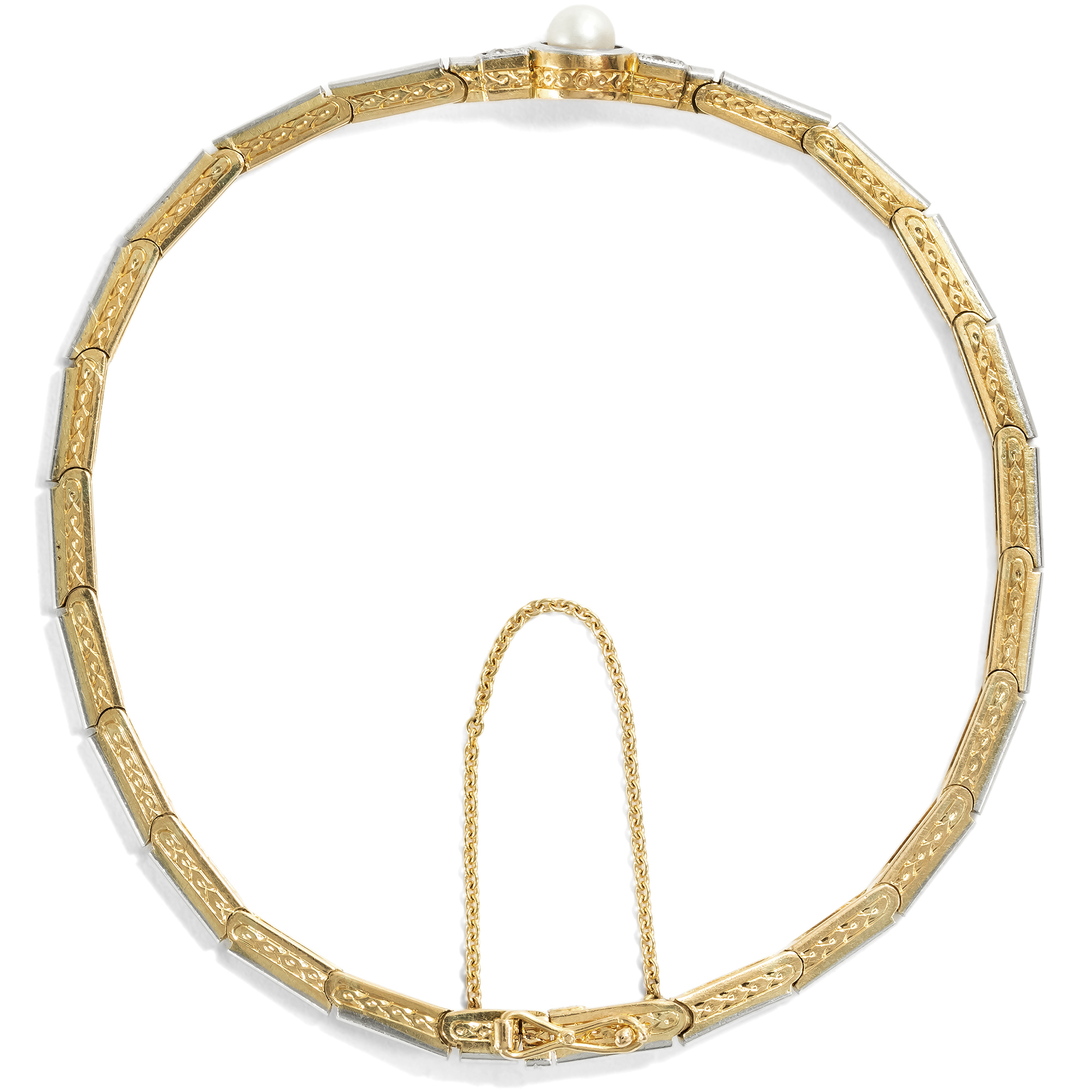 Antikes Armband mit Diamanten & Naturperle in Platin auf Gold, um 1920 Antikes Armband mit Diamanten & Naturperle in Platin auf Gold, um 1920