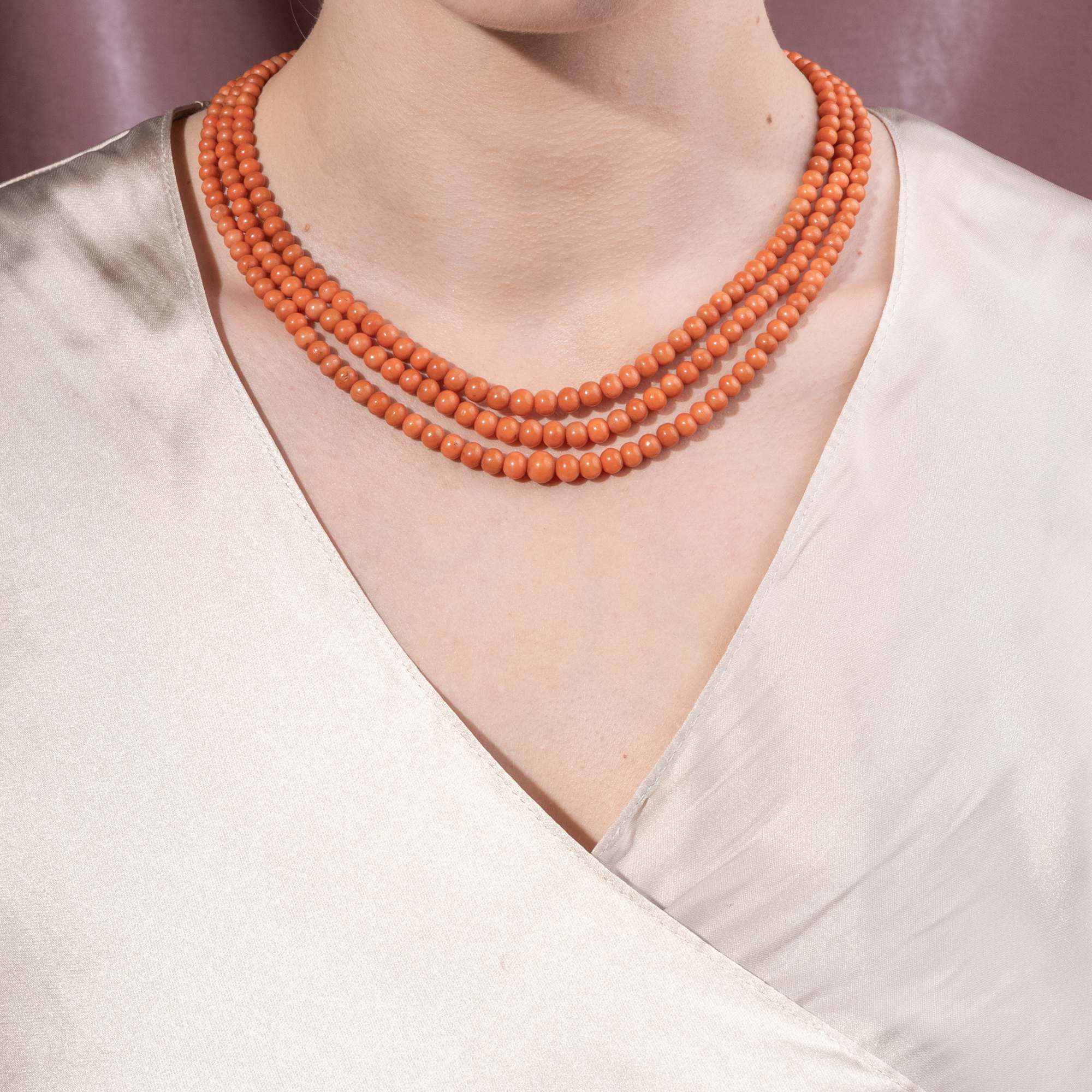 Antique, Three-Row Coral Necklace Made of So-Called Sciacca Coral, Italy, Circa 1890 Antique, Three-Row Coral Necklace Made of So-Called Sciacca Coral, Italy, Circa 1890