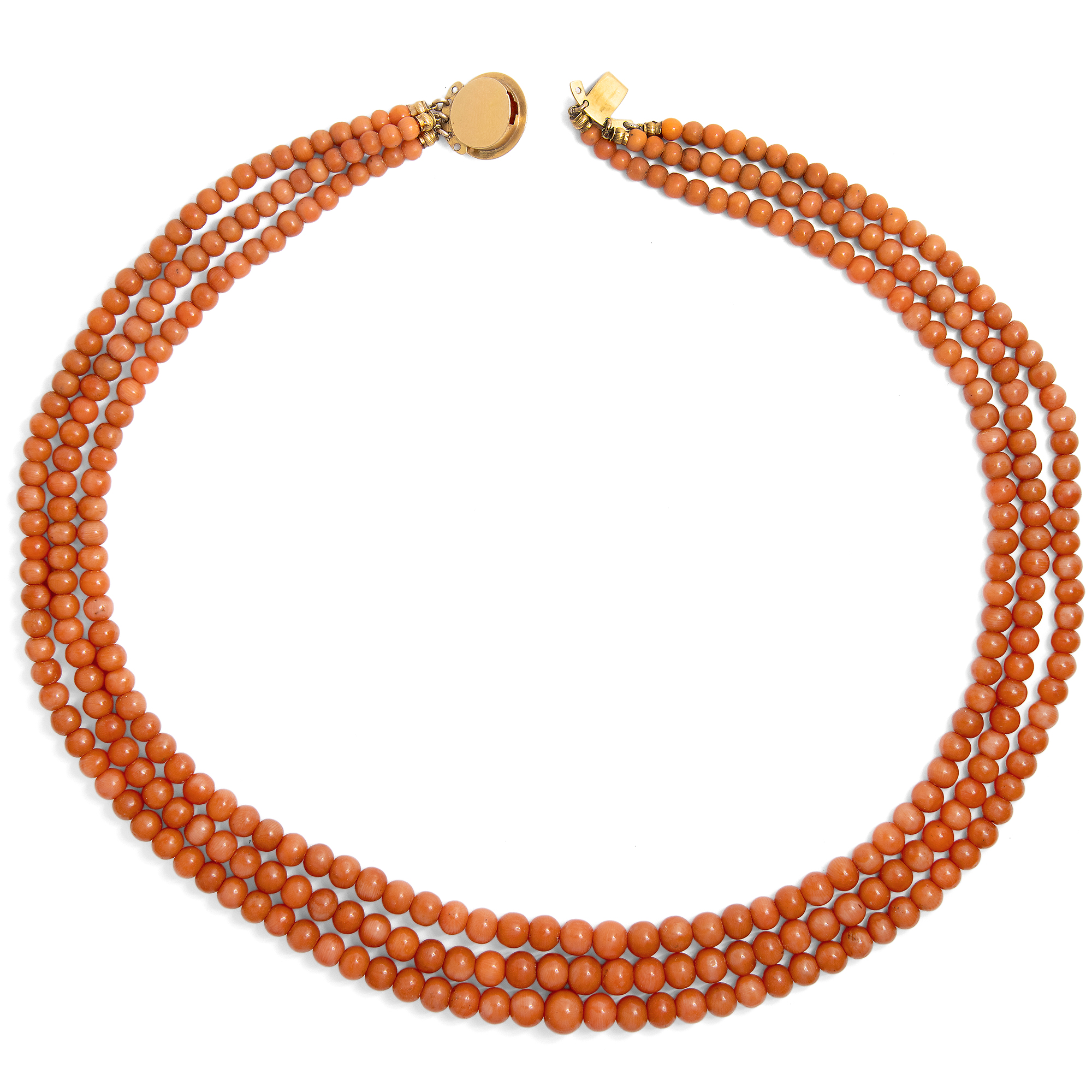 Antique, Three-Row Coral Necklace Made of So-Called Sciacca Coral, Italy, Circa 1890 Antique, Three-Row Coral Necklace Made of So-Called Sciacca Coral, Italy, Circa 1890