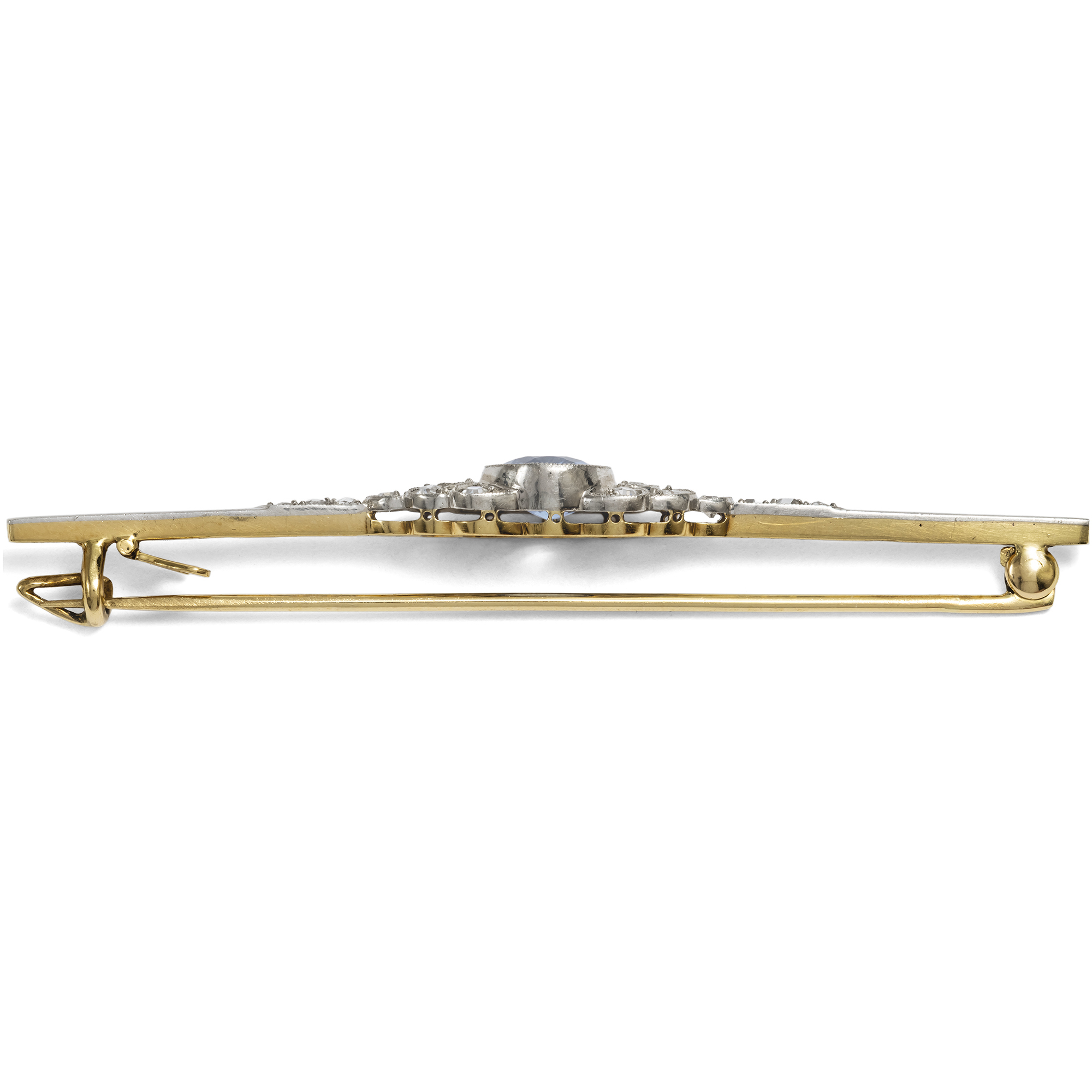 Stabnadel des Art Déco mit unbehandeltem Saphir & Diamanten, um 1925 Stabnadel des Art Déco mit unbehandeltem Saphir & Diamanten, um 1925
