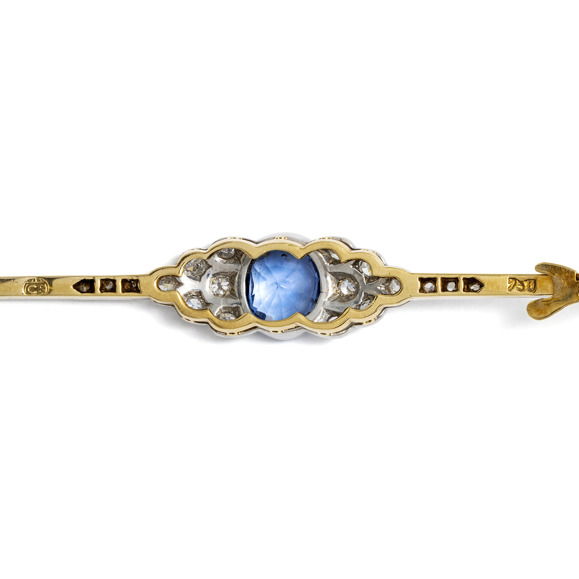 Stabnadel des Art Déco mit unbehandeltem Saphir & Diamanten, um 1925 Stabnadel des Art Déco mit unbehandeltem Saphir & Diamanten, um 1925
