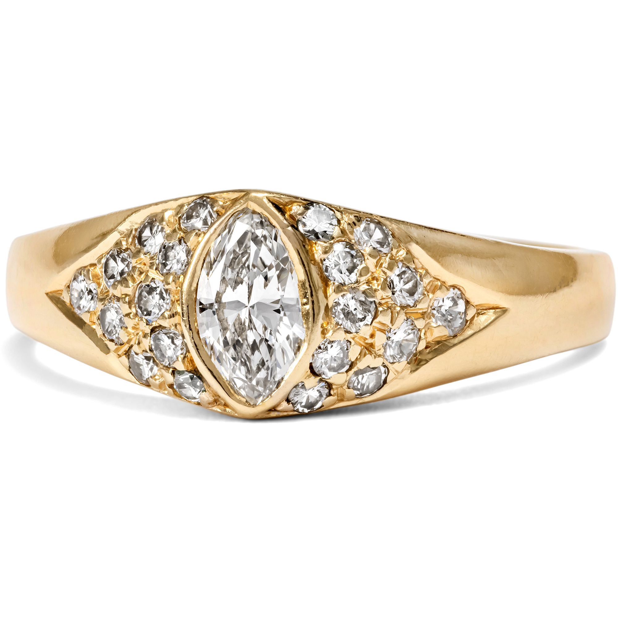 Vintage Goldring mit Diamant im Navetteschliff und Brillanten, Pforzheim um 1985 Vintage Goldring mit Diamant im Navetteschliff und Brillanten, Pforzheim um 1985