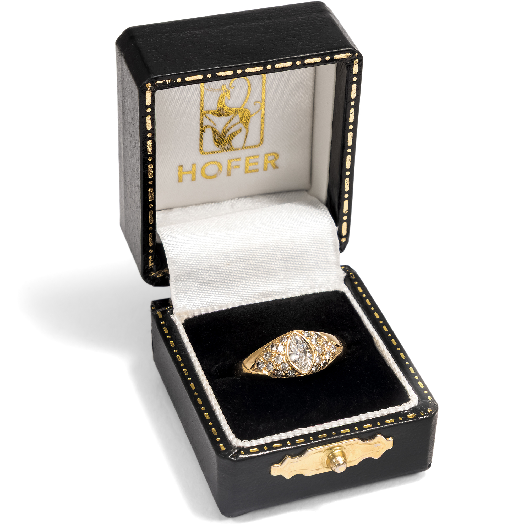 Vintage Goldring mit Diamant im Navetteschliff und Brillanten, Pforzheim um 1985 Vintage Goldring mit Diamant im Navetteschliff und Brillanten, Pforzheim um 1985