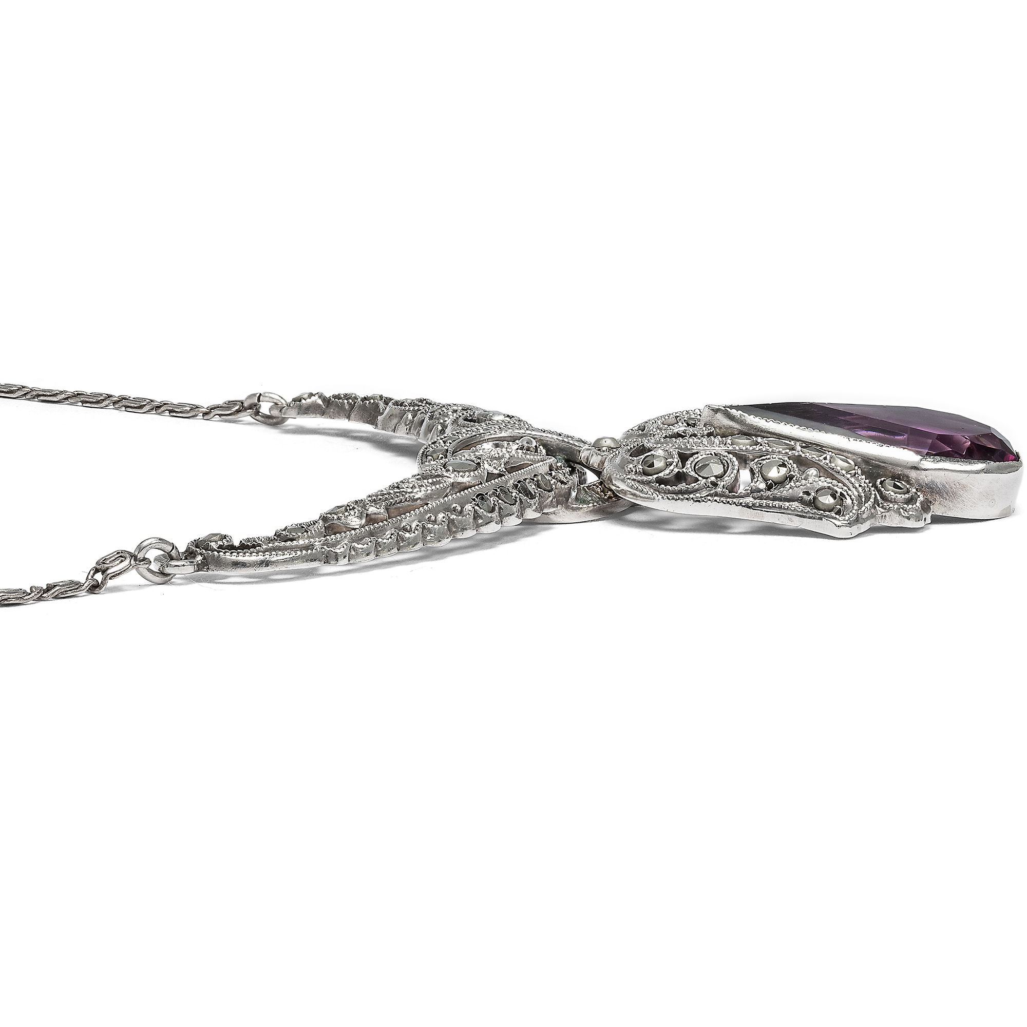Antikes Collier mit violettem Glas & Markasiten in Silber, Deutschland um 1925 Antikes Collier mit violettem Glas & Markasiten in Silber, Deutschland um 1925