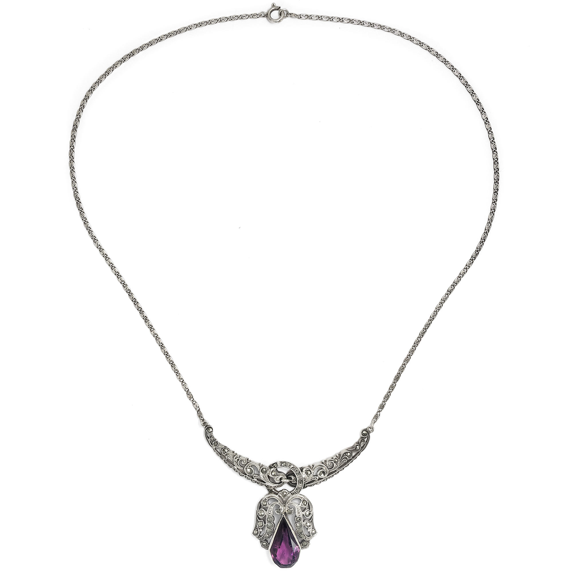 Antikes Collier mit violettem Glas & Markasiten in Silber, Deutschland um 1925 Antikes Collier mit violettem Glas & Markasiten in Silber, Deutschland um 1925