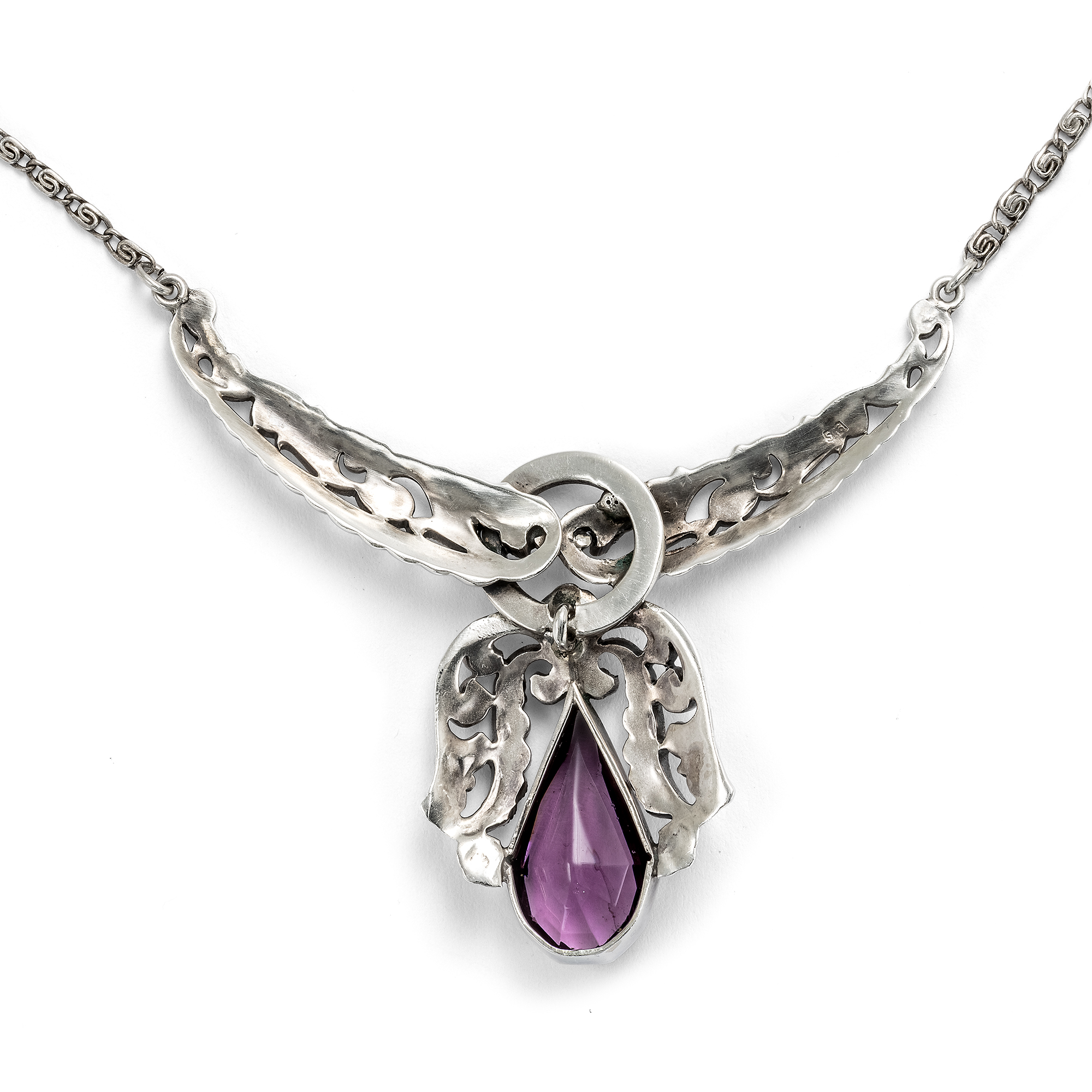 Antikes Collier mit violettem Glas & Markasiten in Silber, Deutschland um 1925 Antikes Collier mit violettem Glas & Markasiten in Silber, Deutschland um 1925