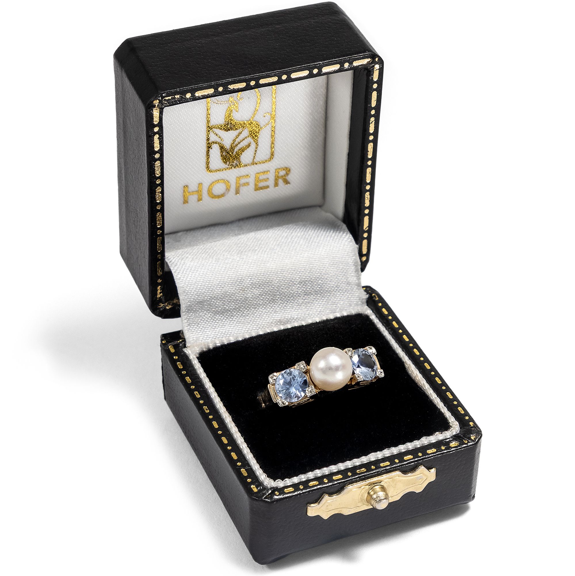 Feiner vintage Ring mit Perle & hellblauen Saphiren in Gold, um 1955 Feiner vintage Ring mit Perle & hellblauen Saphiren in Gold, um 1955