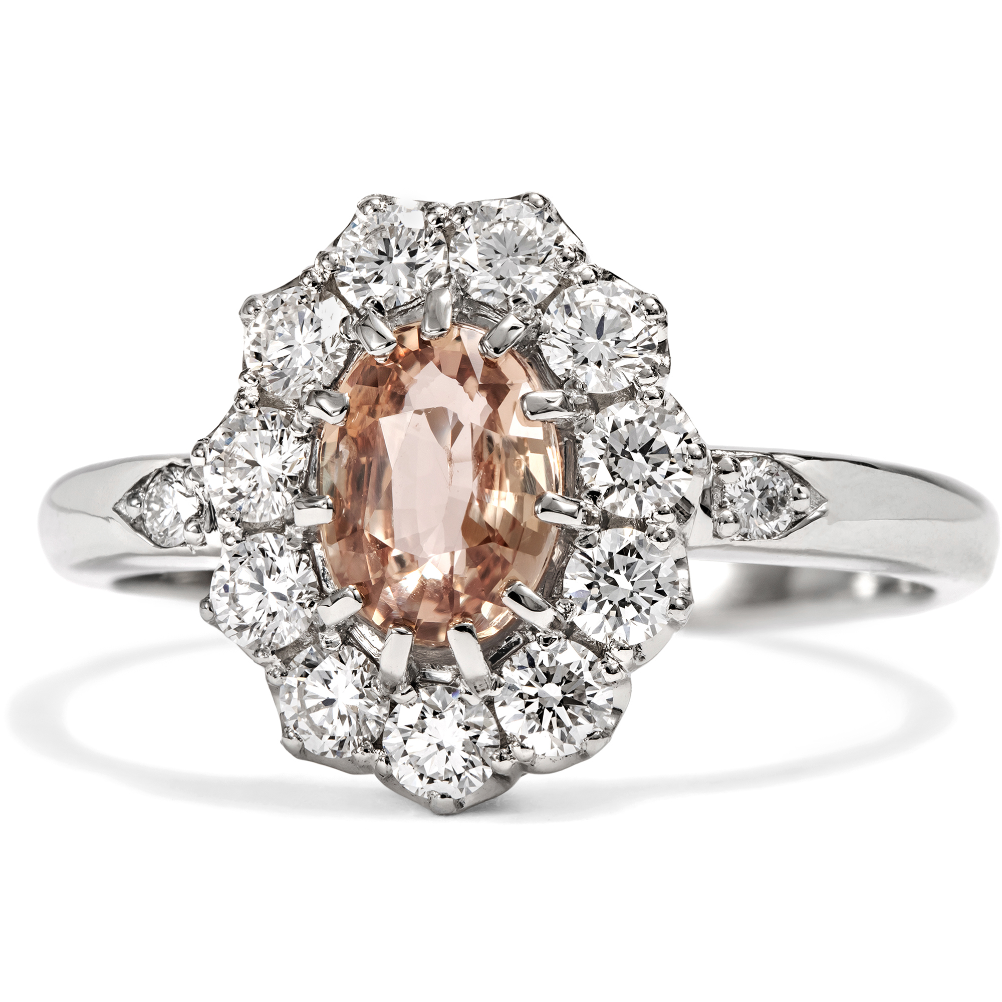 Eleganter Ring aus Platin mit Padparadscha-Saphir und Brillanten, aus unserer Werkstatt Eleganter Ring aus Platin mit Padparadscha-Saphir und Brillanten, aus unserer Werkstatt