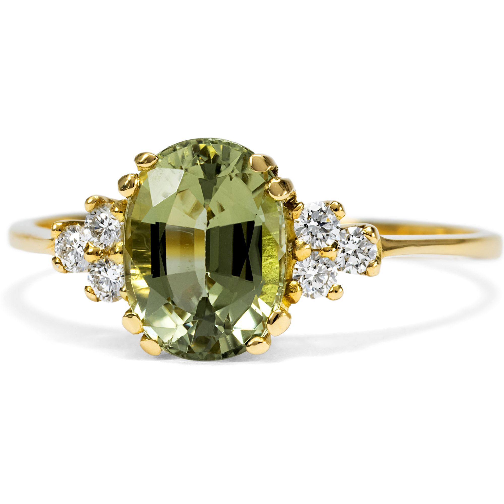 Feiner Ring mit graugrünem Turmalin & Diamanten in Gold, aus unserer Werkstatt Feiner Ring mit graugrünem Turmalin & Diamanten in Gold, aus unserer Werkstatt