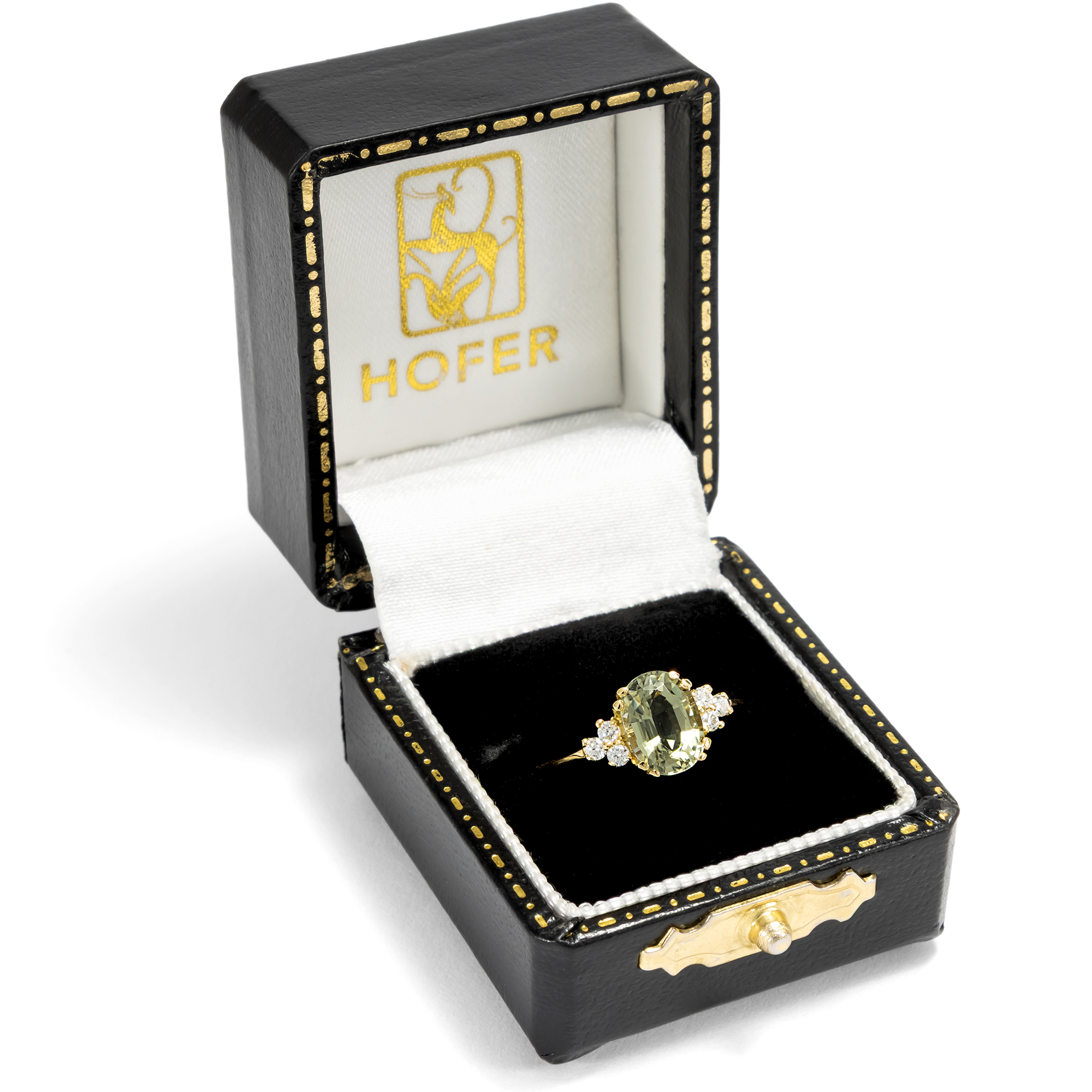Feiner Ring mit graugrünem Turmalin & Diamanten in Gold, aus unserer Werkstatt Feiner Ring mit graugrünem Turmalin & Diamanten in Gold, aus unserer Werkstatt