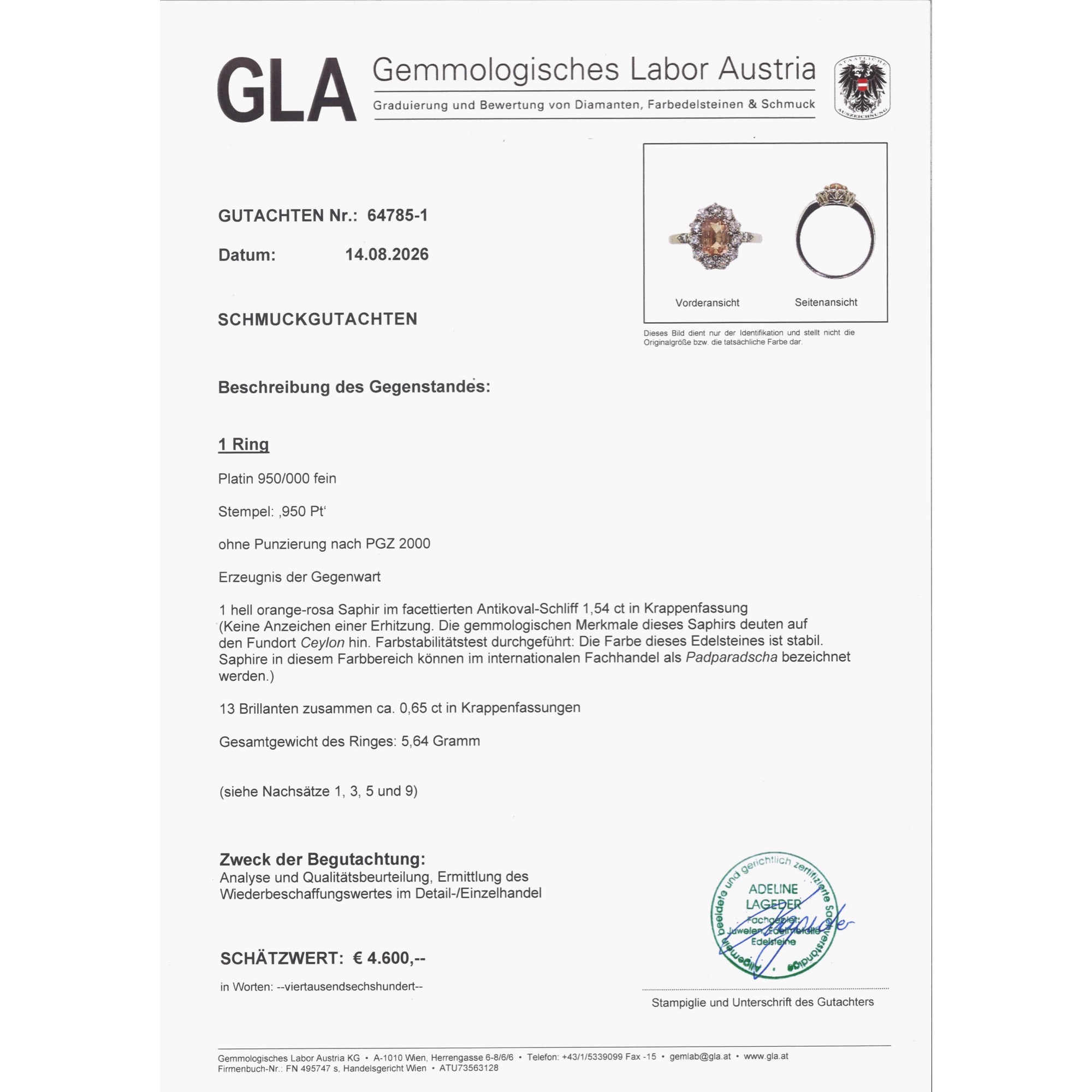 Platinring mit lotusblütenfarbenem Saphir & Brillanten, aus unserer Werkstatt Platinring mit lotusblütenfarbenem Saphir & Brillanten, aus unserer Werkstatt