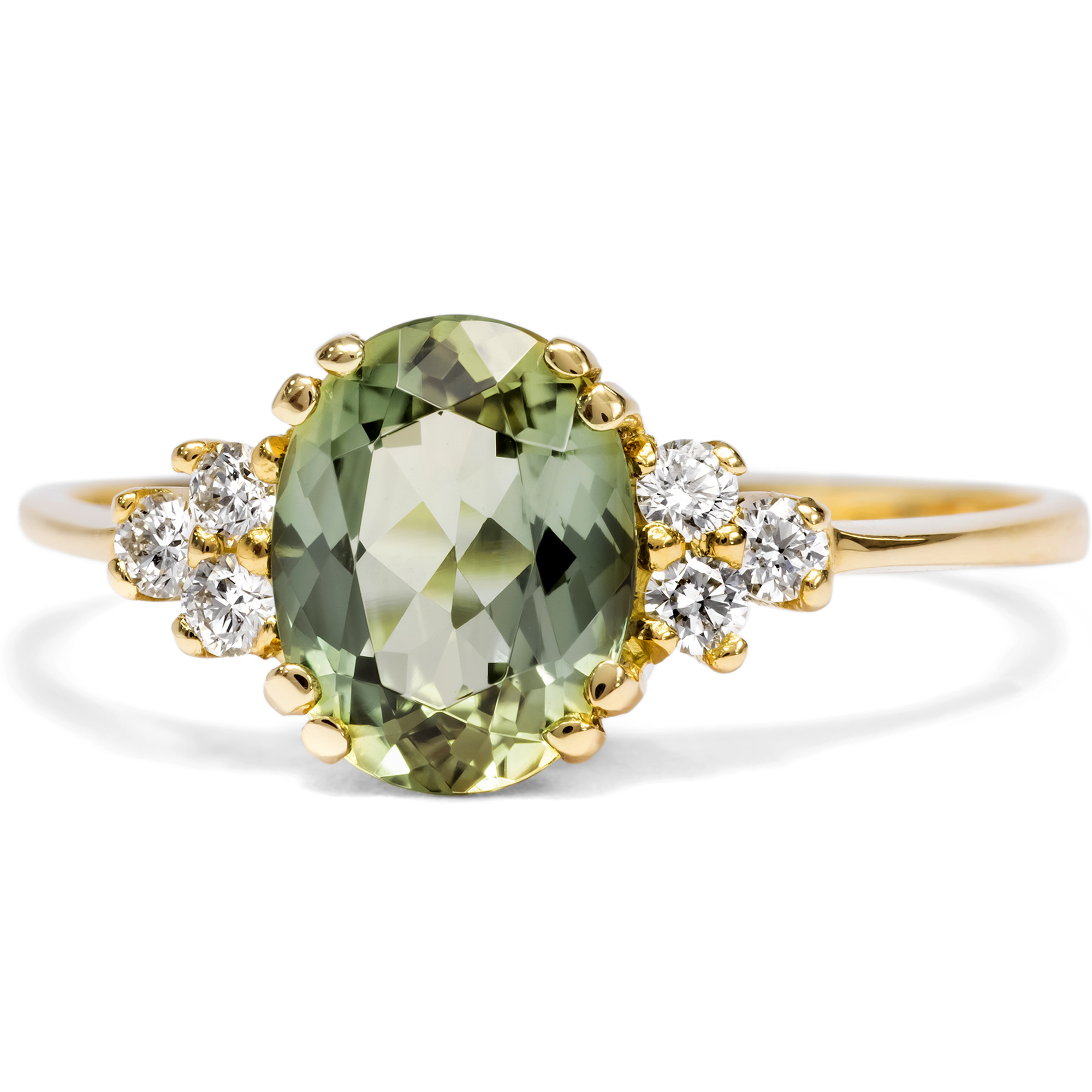 Feiner Ring mit olivgrünem Turmalin & Diamanten in Gold, aus unserer Werkstatt Feiner Ring mit olivgrünem Turmalin & Diamanten in Gold, aus unserer Werkstatt