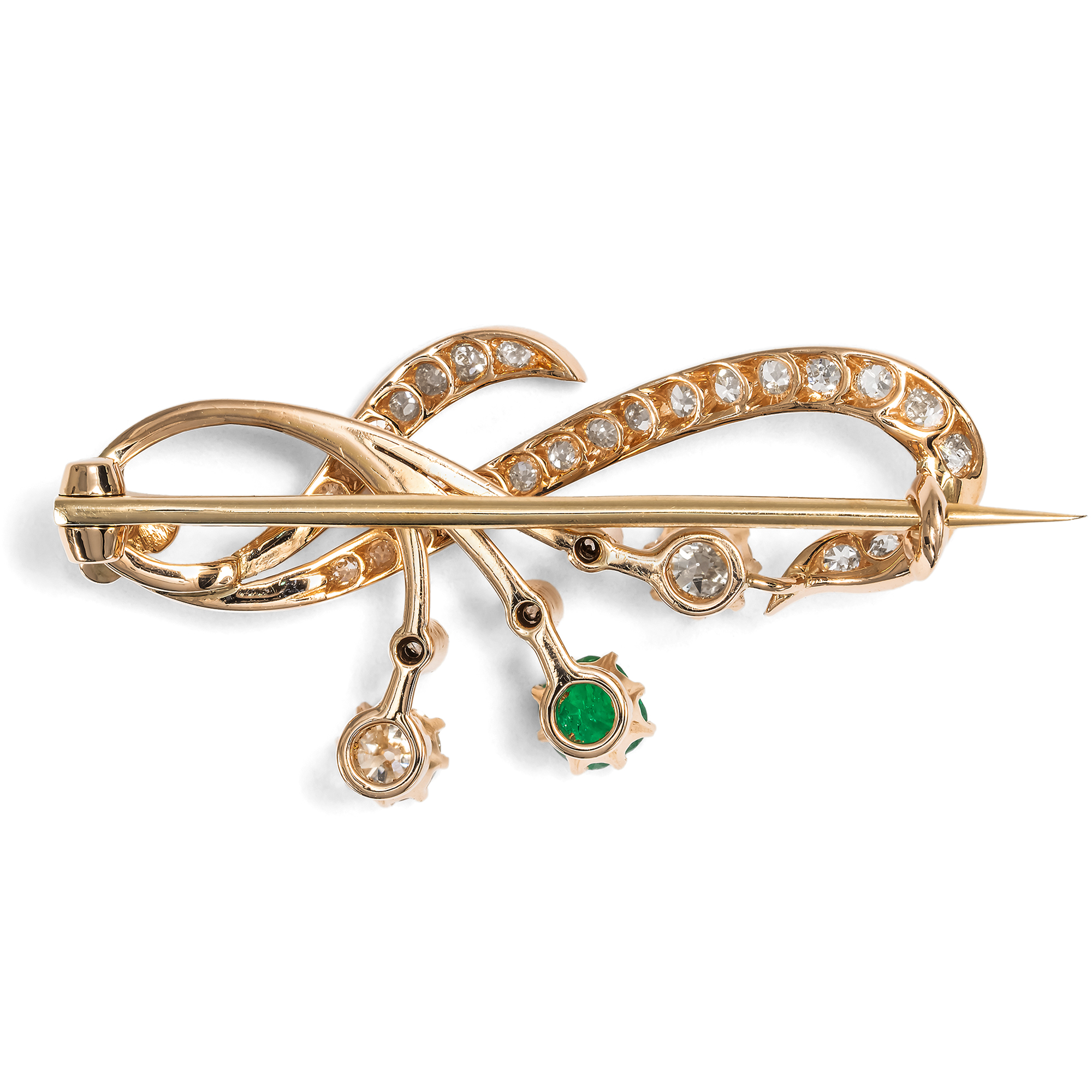 Antike Brosche mit kolumbianischem Smaragd & Diamanten in Rotgold, um 1900 Antike Brosche mit kolumbianischem Smaragd & Diamanten in Rotgold, um 1900