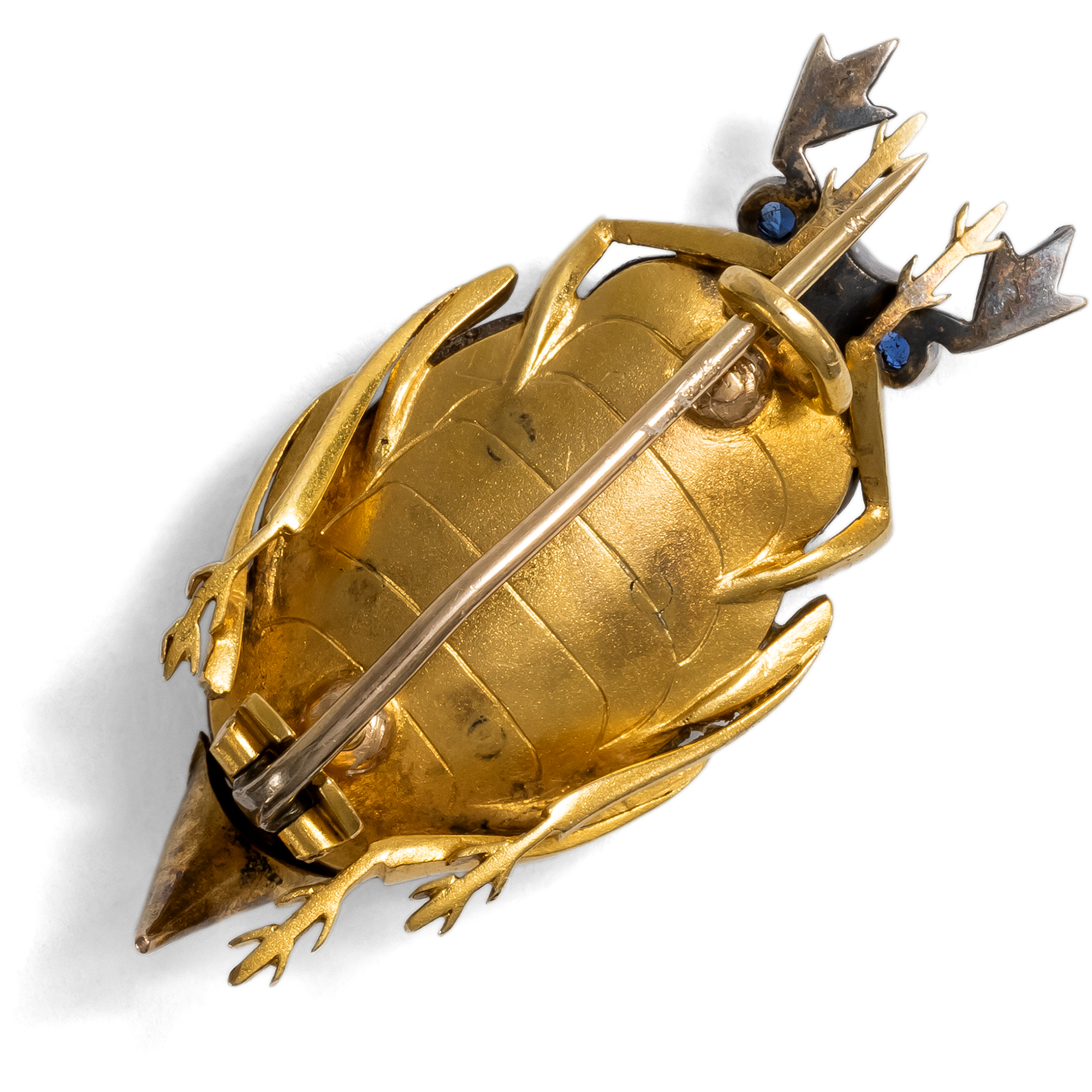 Antike Käfer-Brosche aus Gold mit Tigeraugen, Saphiren und Diamanten, um 1885 Antike Käfer-Brosche aus Gold mit Tigeraugen, Saphiren und Diamanten, um 1885