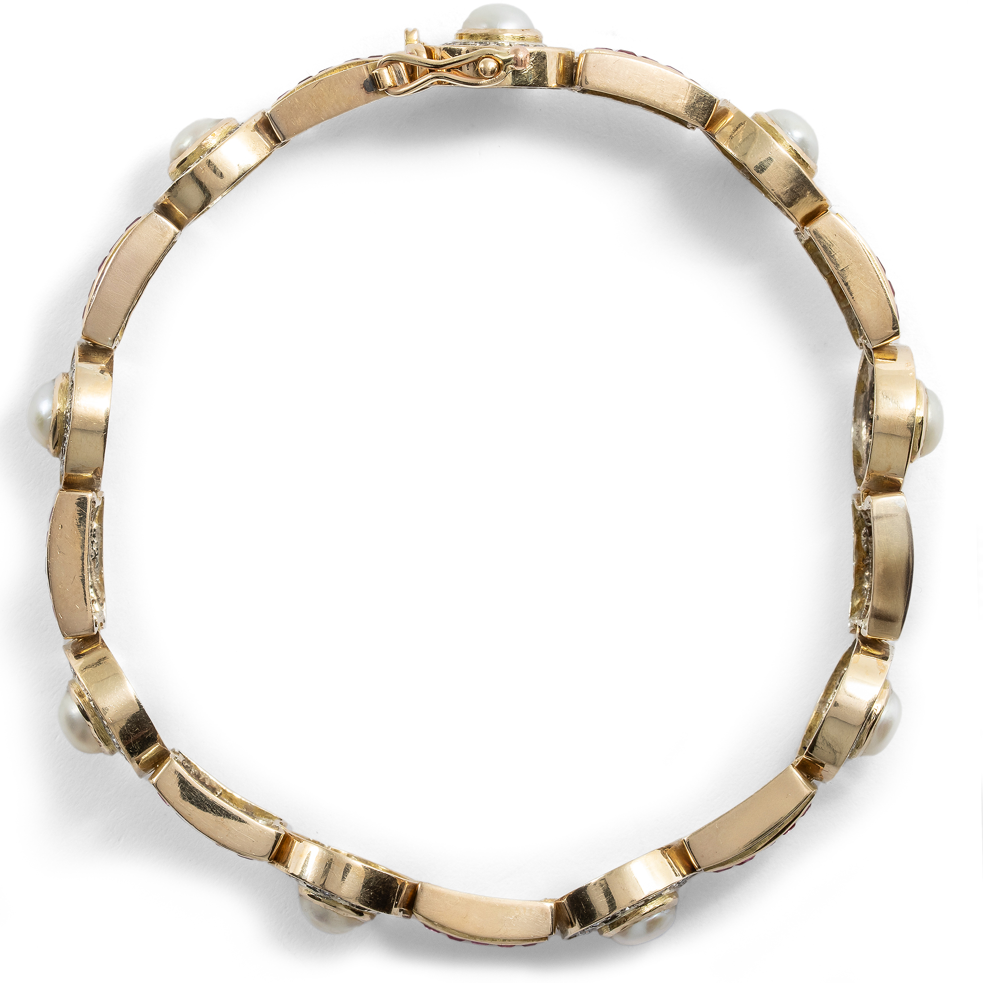 Prächtiges vintage Armband mit Rubinen, Diamanten & Perlen in Gold, um 1980 Prächtiges vintage Armband mit Rubinen, Diamanten & Perlen in Gold, um 1980