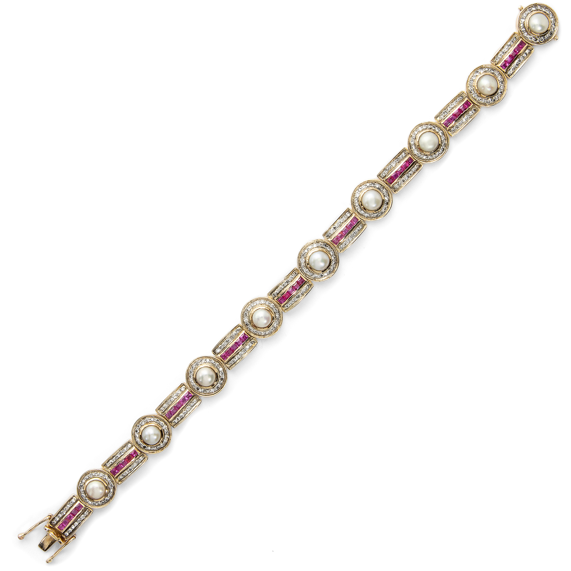 Prächtiges vintage Armband mit Rubinen, Diamanten & Perlen in Gold, um 1980 Prächtiges vintage Armband mit Rubinen, Diamanten & Perlen in Gold, um 1980