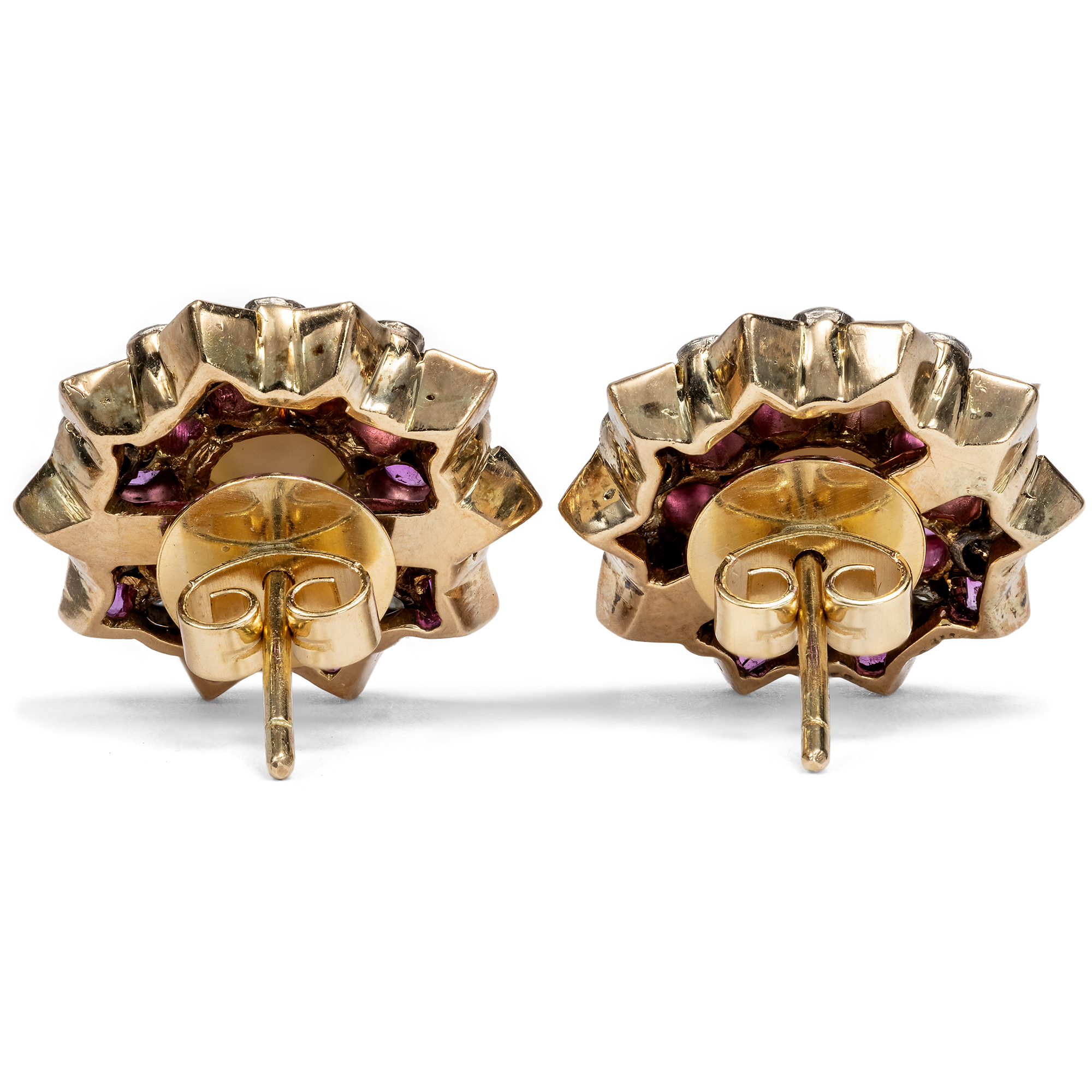 Prächtige vintage Ohrstecker mit Rubinen, Diamanten & Perlen in Gold, um 1980 Prächtige vintage Ohrstecker mit Rubinen, Diamanten & Perlen in Gold, um 1980