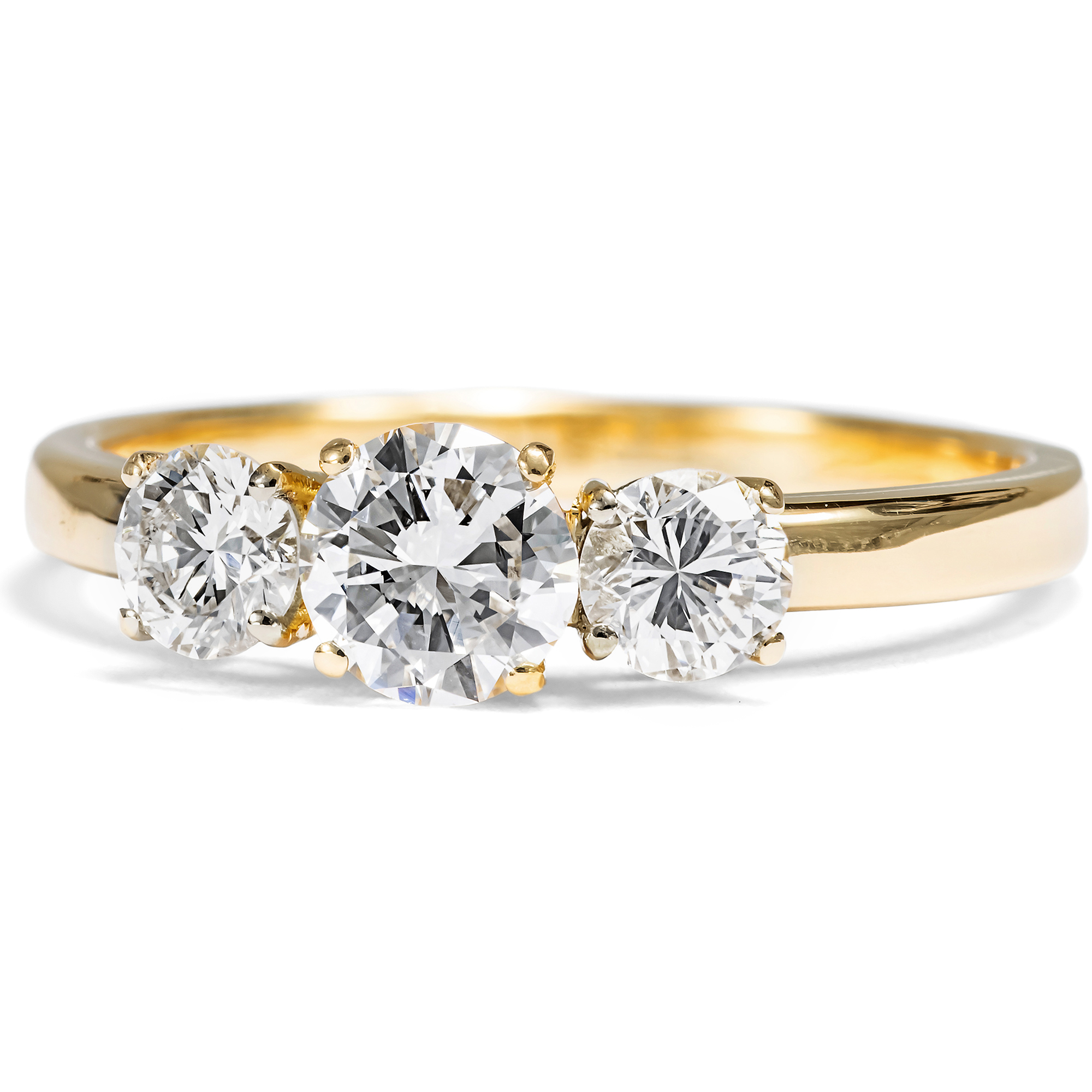 Sparkling “Trilogy” Ring with 0.78 ct Vintage Diamonds in Yellow Gold, from Our Workshop Sparkling “Trilogy” Ring with 0.78 ct Vintage Diamonds in Yellow Gold, from Our Workshop