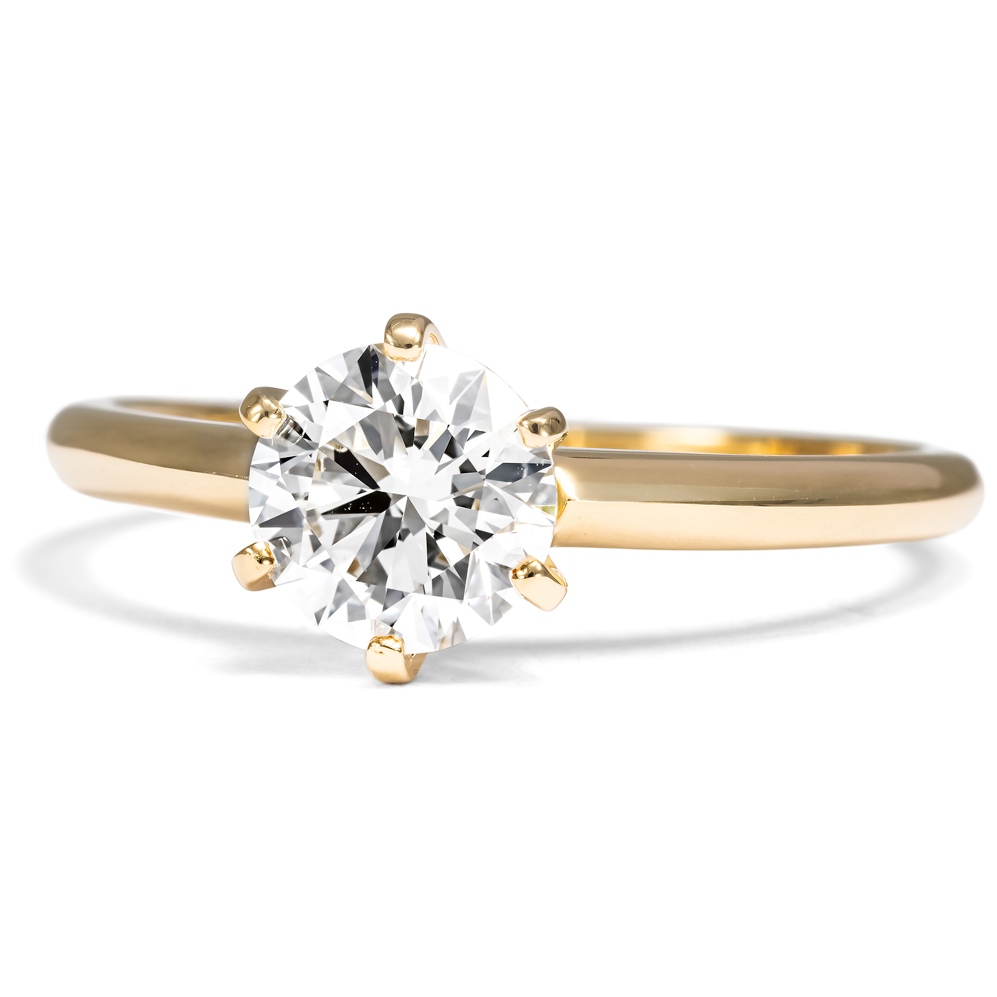 Klassischer Verlobungsring mit 1,07 ct Brillant (F, IF) in Gelbgold, aus unserer Werkstatt Klassischer Verlobungsring mit 1,07 ct Brillant (F, IF) in Gelbgold, aus unserer Werkstatt