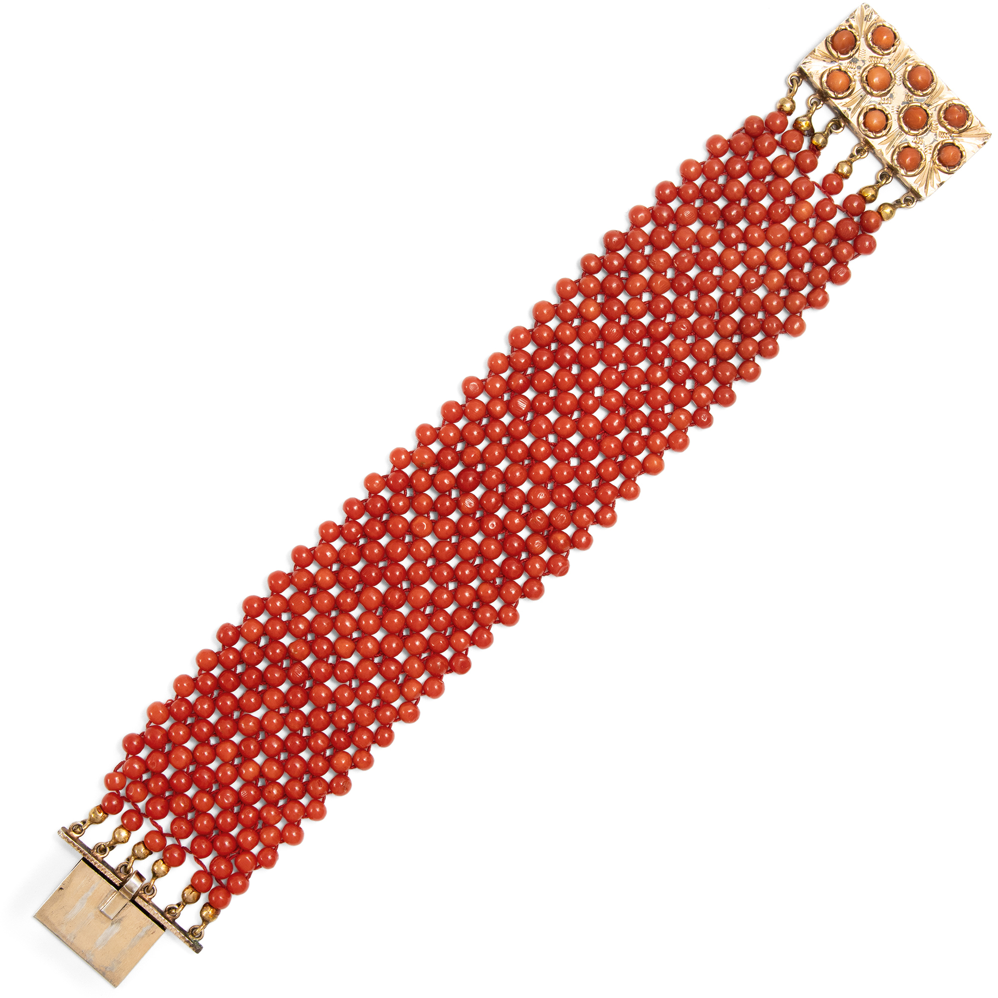 Breites Armband aus Sardegna-Koralle mit vergoldeter Silberschließe, um 1960 Breites Armband aus Sardegna-Koralle mit vergoldeter Silberschließe, um 1960