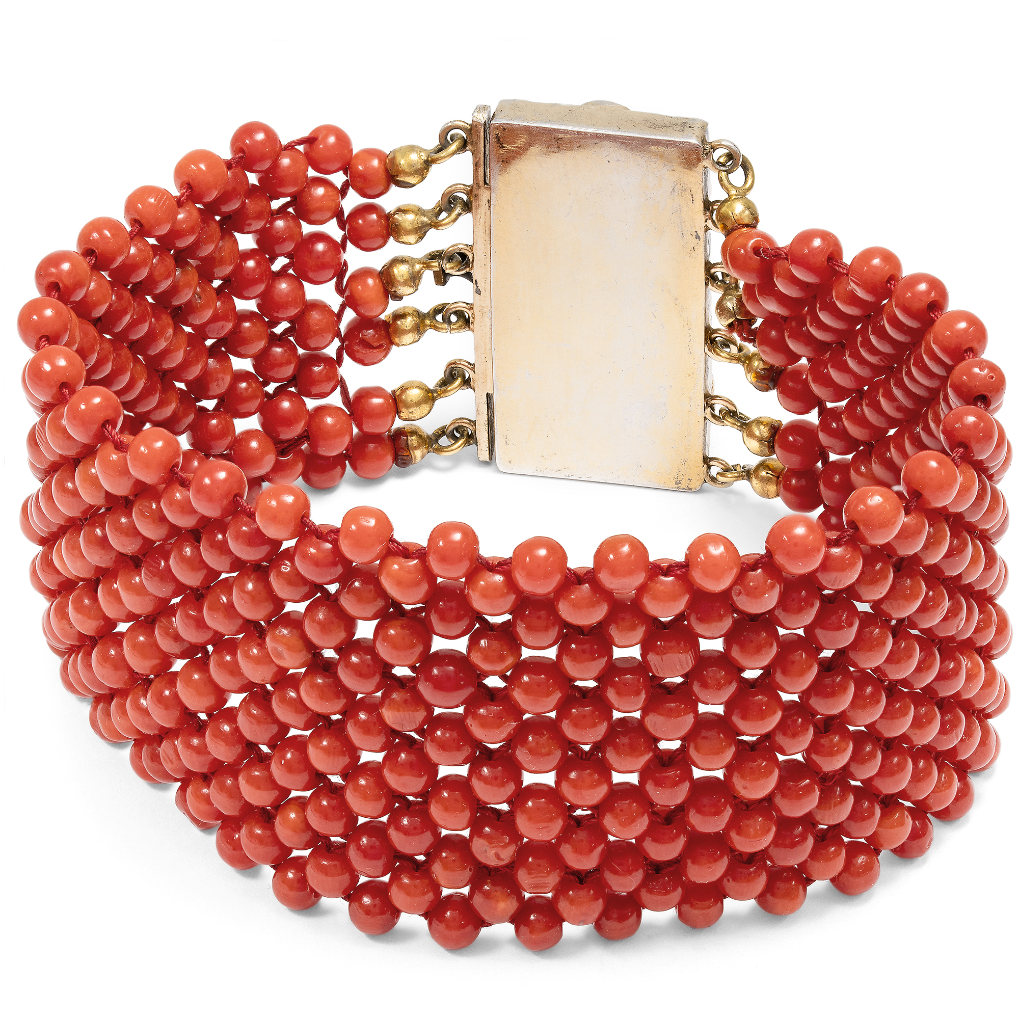 Breites Armband aus Sardegna-Koralle mit vergoldeter Silberschließe, um 1960 Breites Armband aus Sardegna-Koralle mit vergoldeter Silberschließe, um 1960