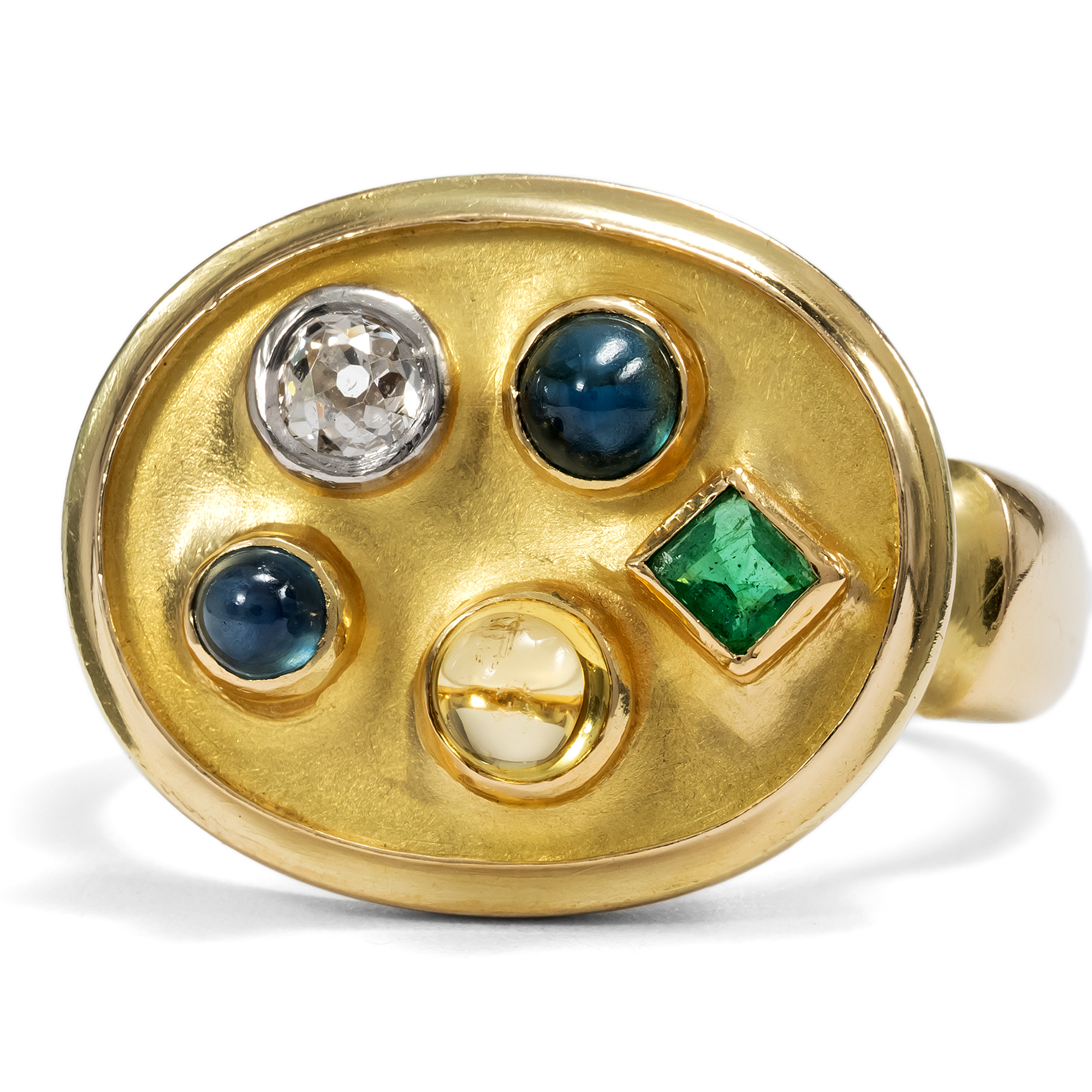 Farbenfroher vintage Ring mit Edelsteinen in Gold, um 1955 Farbenfroher vintage Ring mit Edelsteinen in Gold, um 1955