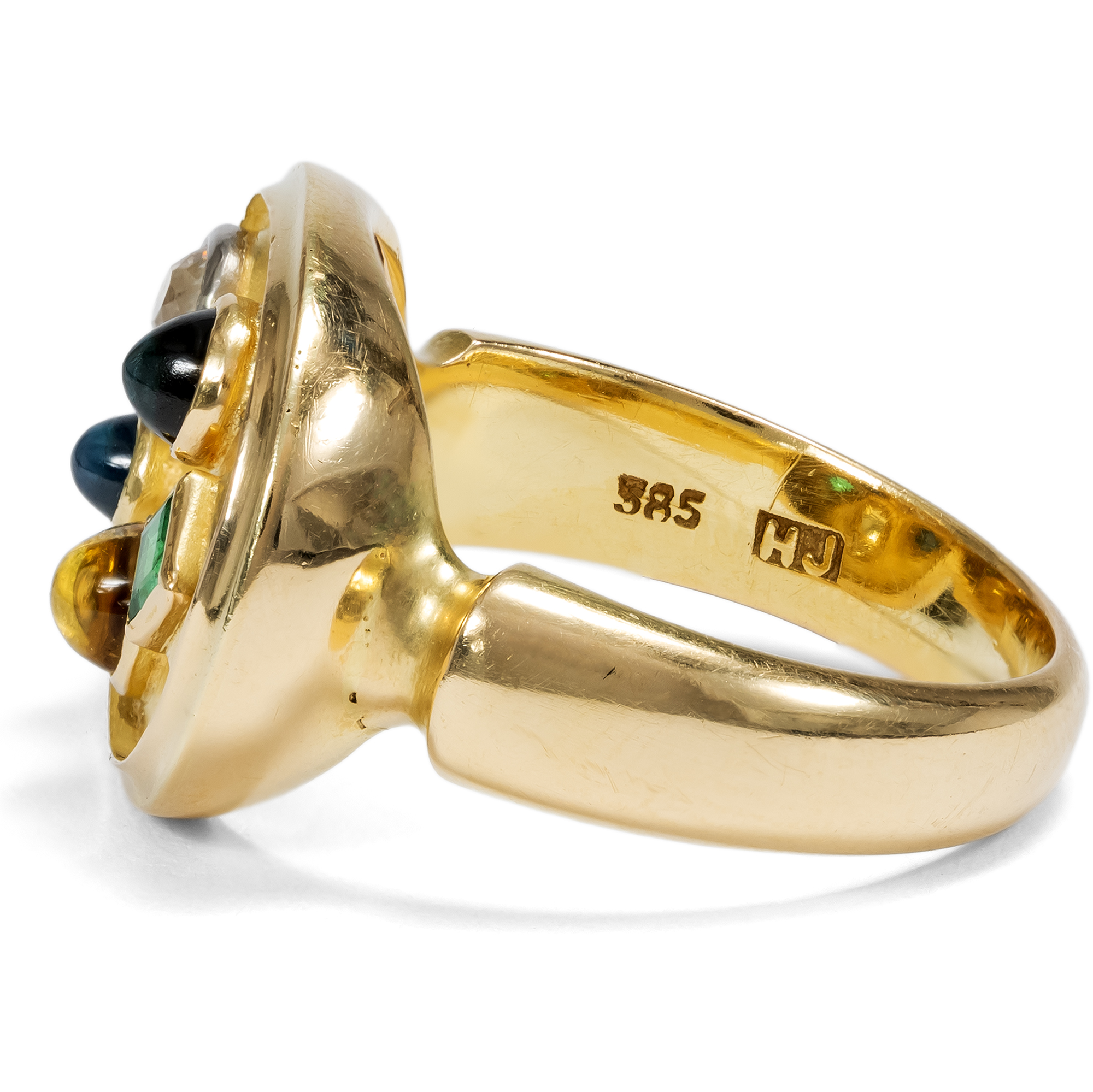 Farbenfroher vintage Ring mit Edelsteinen in Gold, um 1955 Farbenfroher vintage Ring mit Edelsteinen in Gold, um 1955