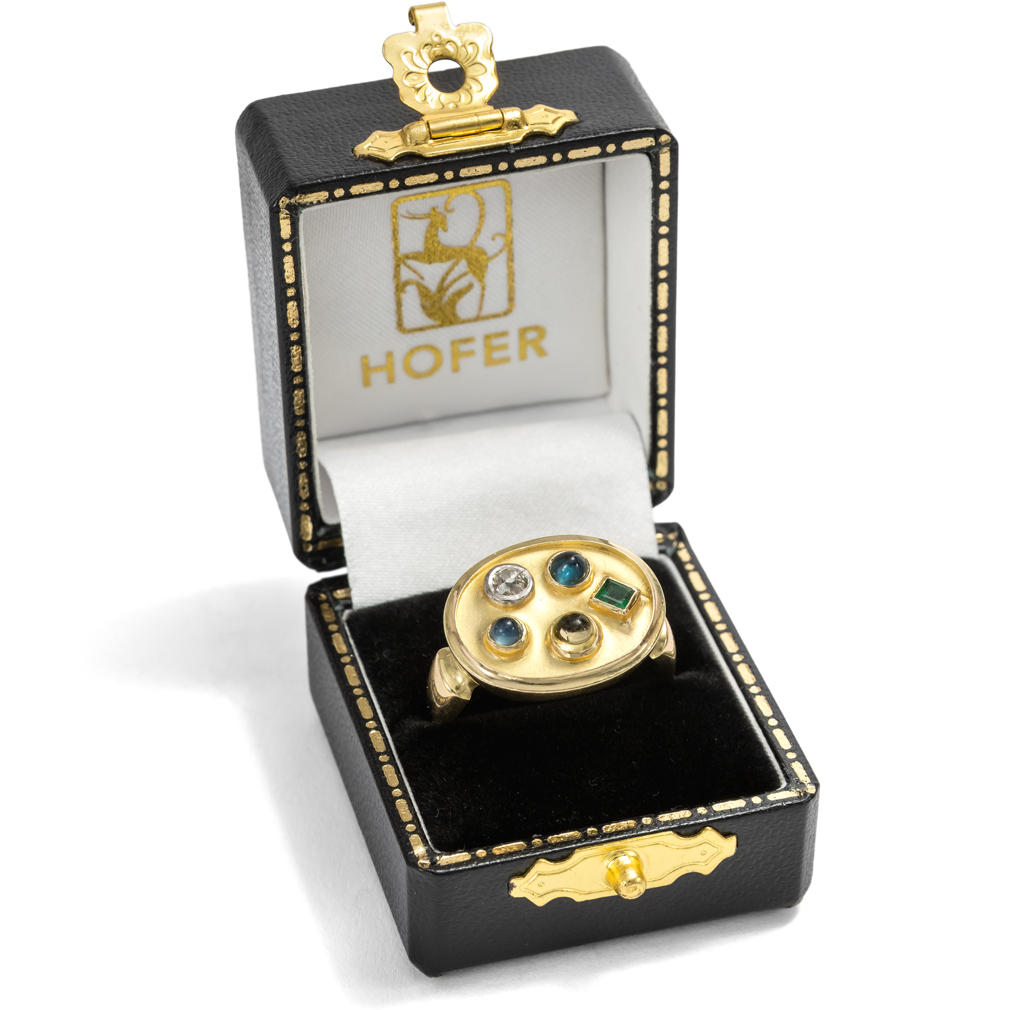Farbenfroher vintage Ring mit Edelsteinen in Gold, um 1955 Farbenfroher vintage Ring mit Edelsteinen in Gold, um 1955