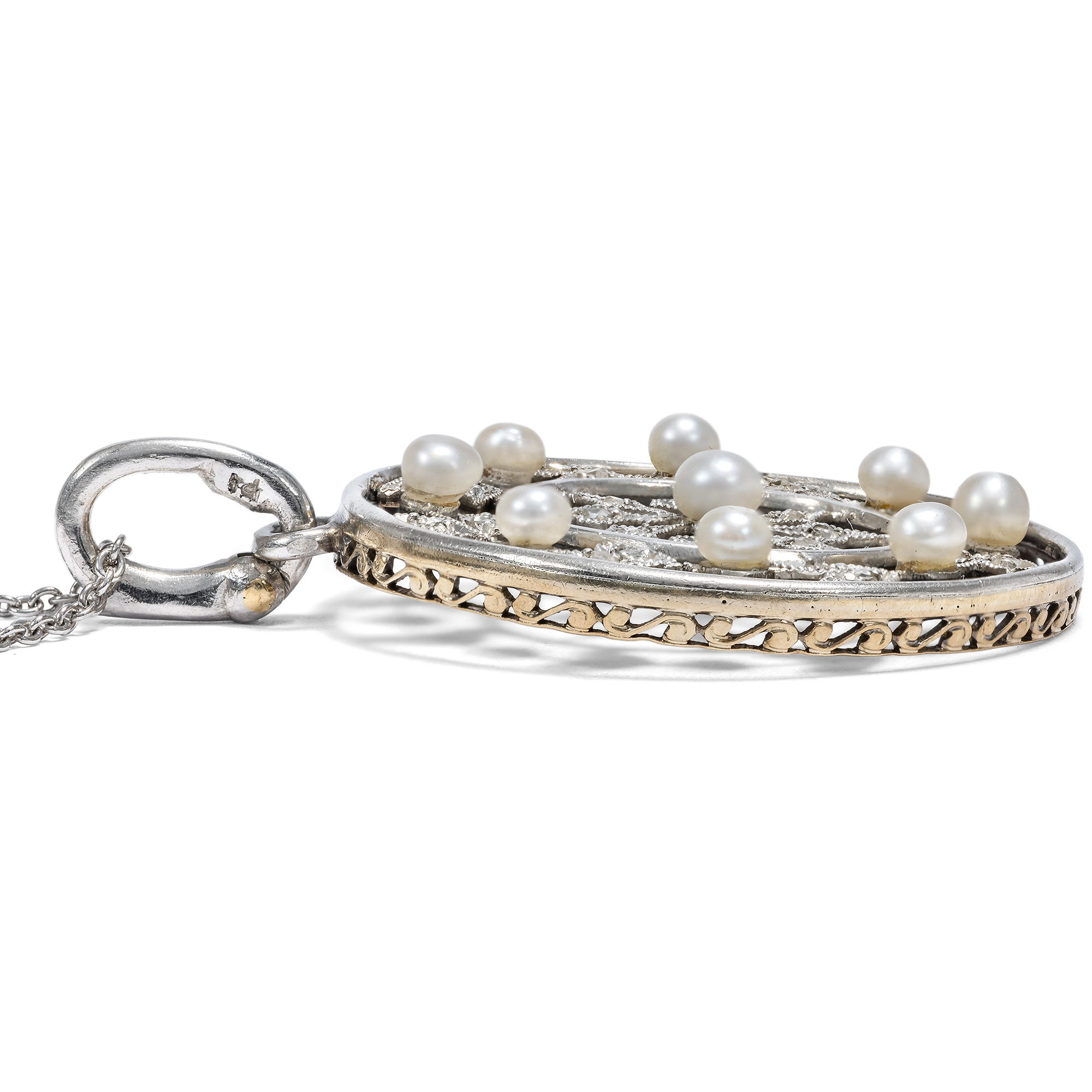 Eleganter Anhänger mit Diamanten & Perlen in Platin, Paris, um 1910 Eleganter Anhänger mit Diamanten & Perlen in Platin, Paris, um 1910