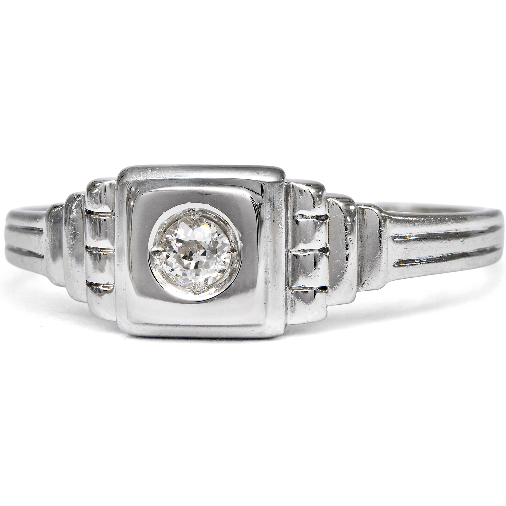 Minimalistischer Solitärring mit Altschliff-Diamant in Weißgold, um 1925 Minimalistischer Solitärring mit Altschliff-Diamant in Weißgold, um 1925