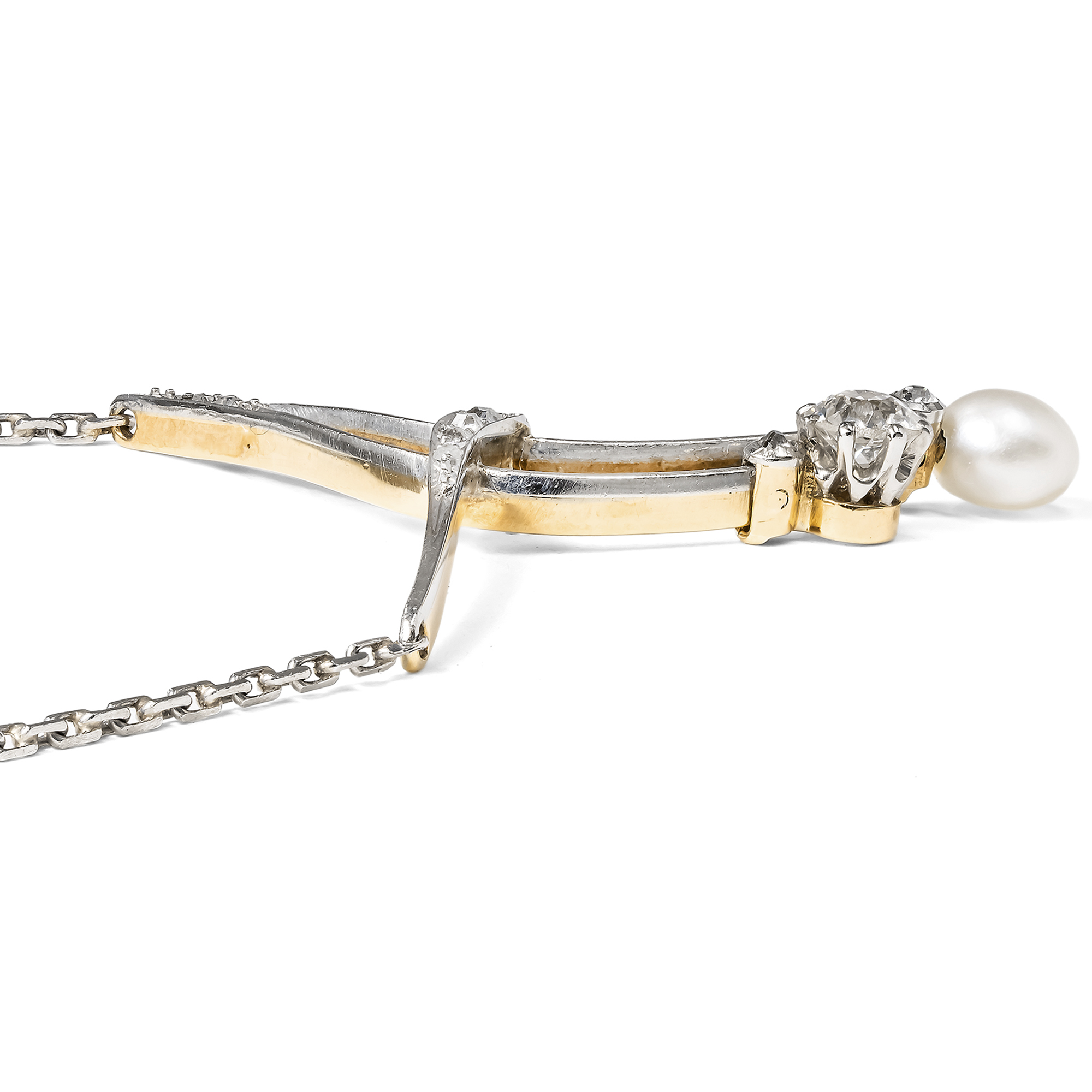 Bezauberndes Jugendstil Collier mit Naturperle & Diamanten in Gold & Platin, um 1910 Bezauberndes Jugendstil Collier mit Naturperle & Diamanten in Gold & Platin, um 1910