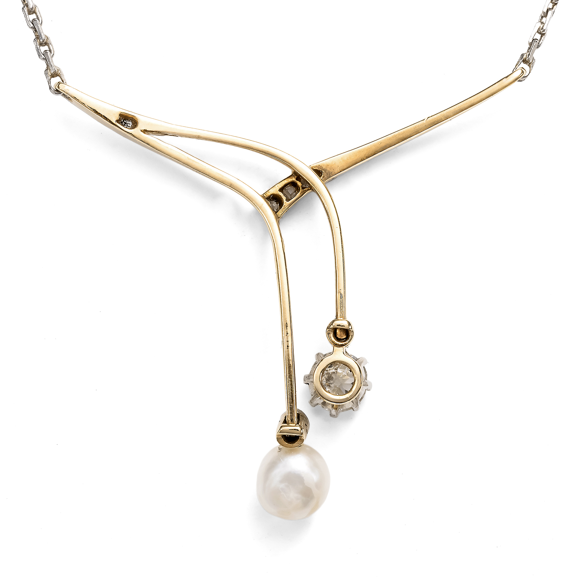 Bezauberndes Jugendstil Collier mit Naturperle & Diamanten in Gold & Platin, um 1910 Bezauberndes Jugendstil Collier mit Naturperle & Diamanten in Gold & Platin, um 1910