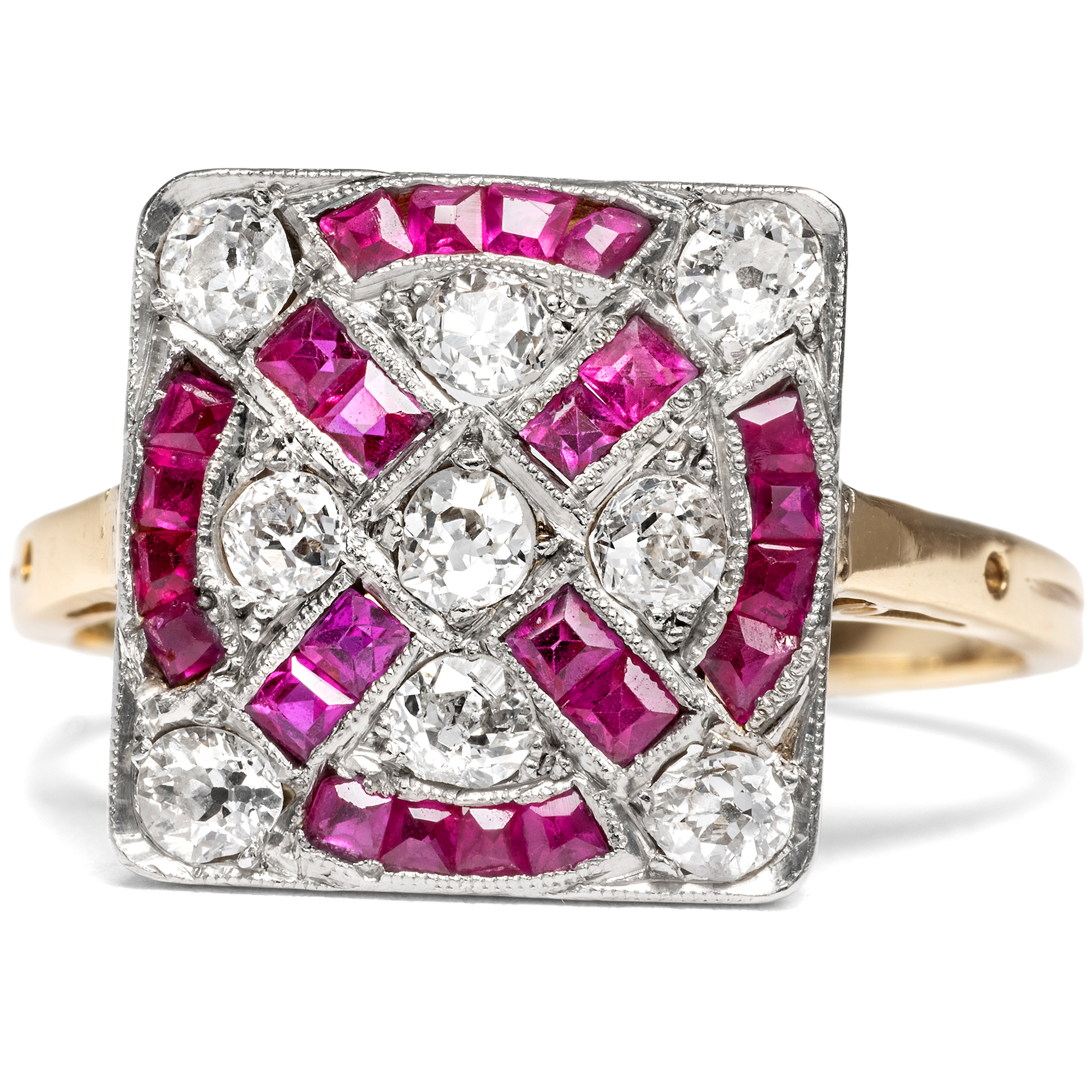 Antiker „Target Ring“ mit Diamanten & synthetischen Rubinen, um 1920 Antiker „Target Ring“ mit Diamanten & synthetischen Rubinen, um 1920