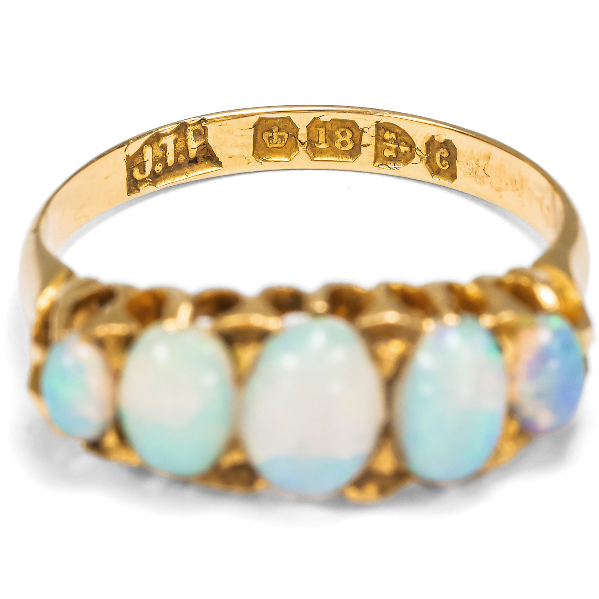 Antiker Ring mit fünf qualitätsvollen australischen Opalen in Gold, Chester 1903 Antiker Ring mit fünf qualitätsvollen australischen Opalen in Gold, Chester 1903