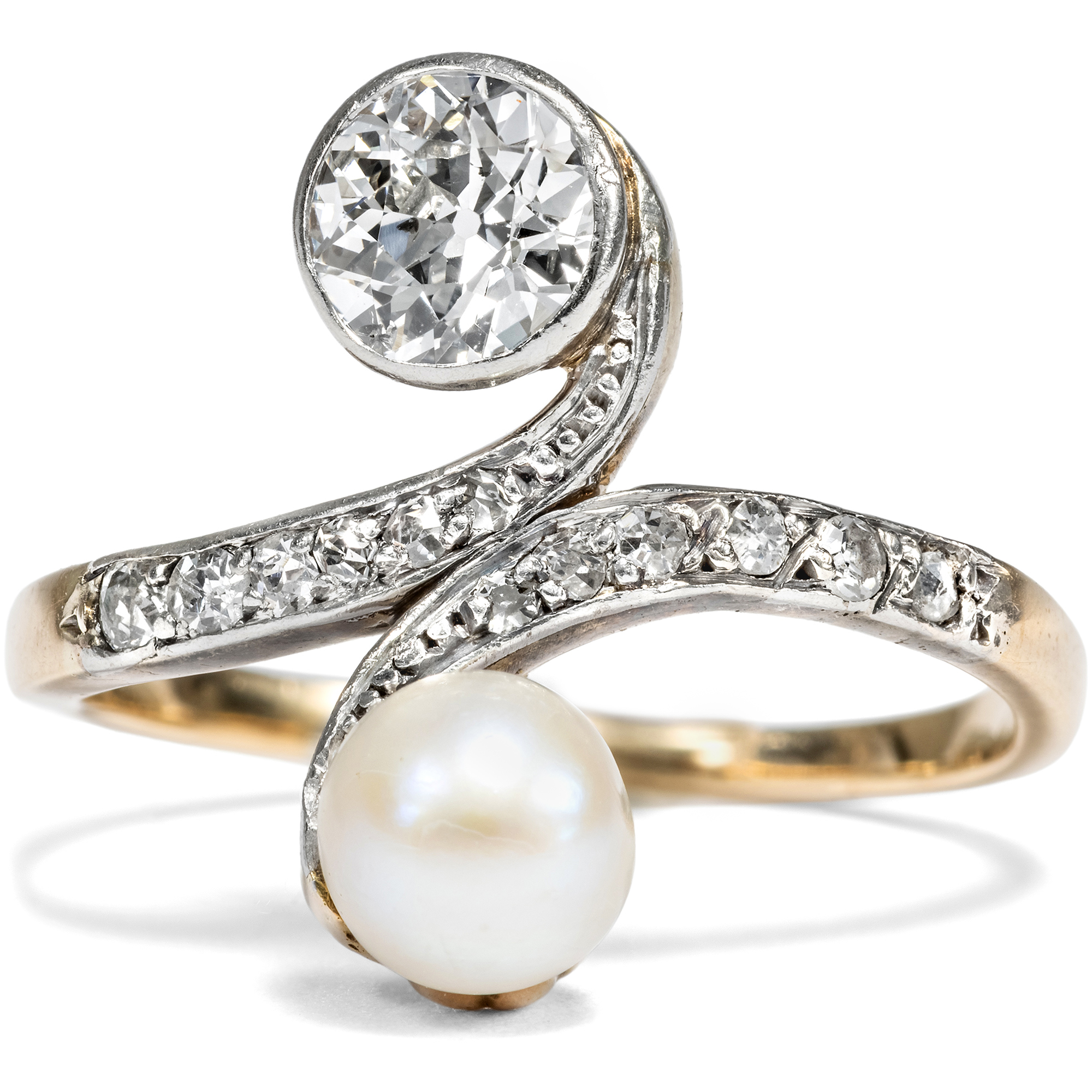 Antiker Toi-et-Moi Ring mit Diamanten und Naturperle, um 1895 Antiker Toi-et-Moi Ring mit Diamanten und Naturperle, um 1895