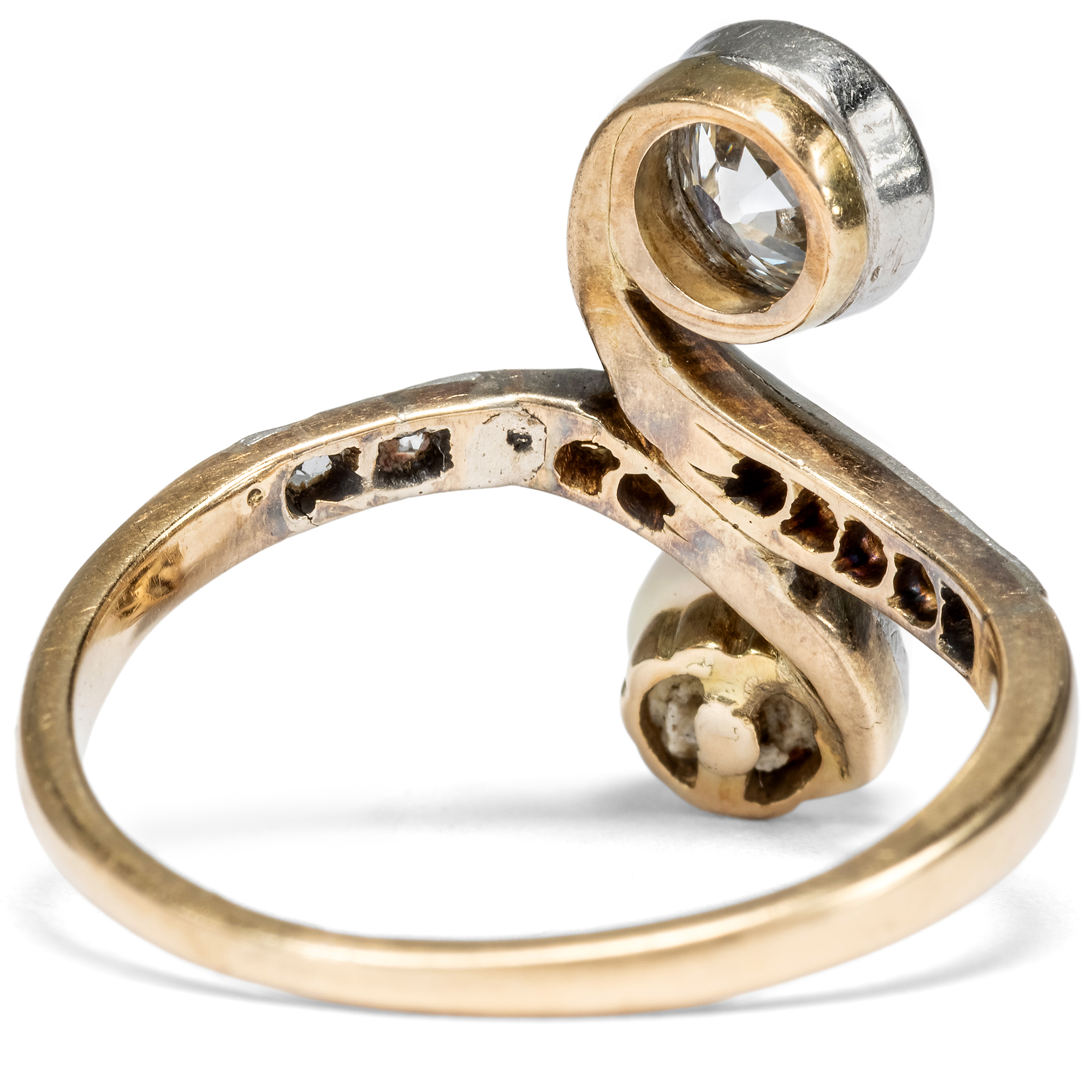 Antiker Toi-et-Moi Ring mit Diamanten und Naturperle, um 1895 Antiker Toi-et-Moi Ring mit Diamanten und Naturperle, um 1895
