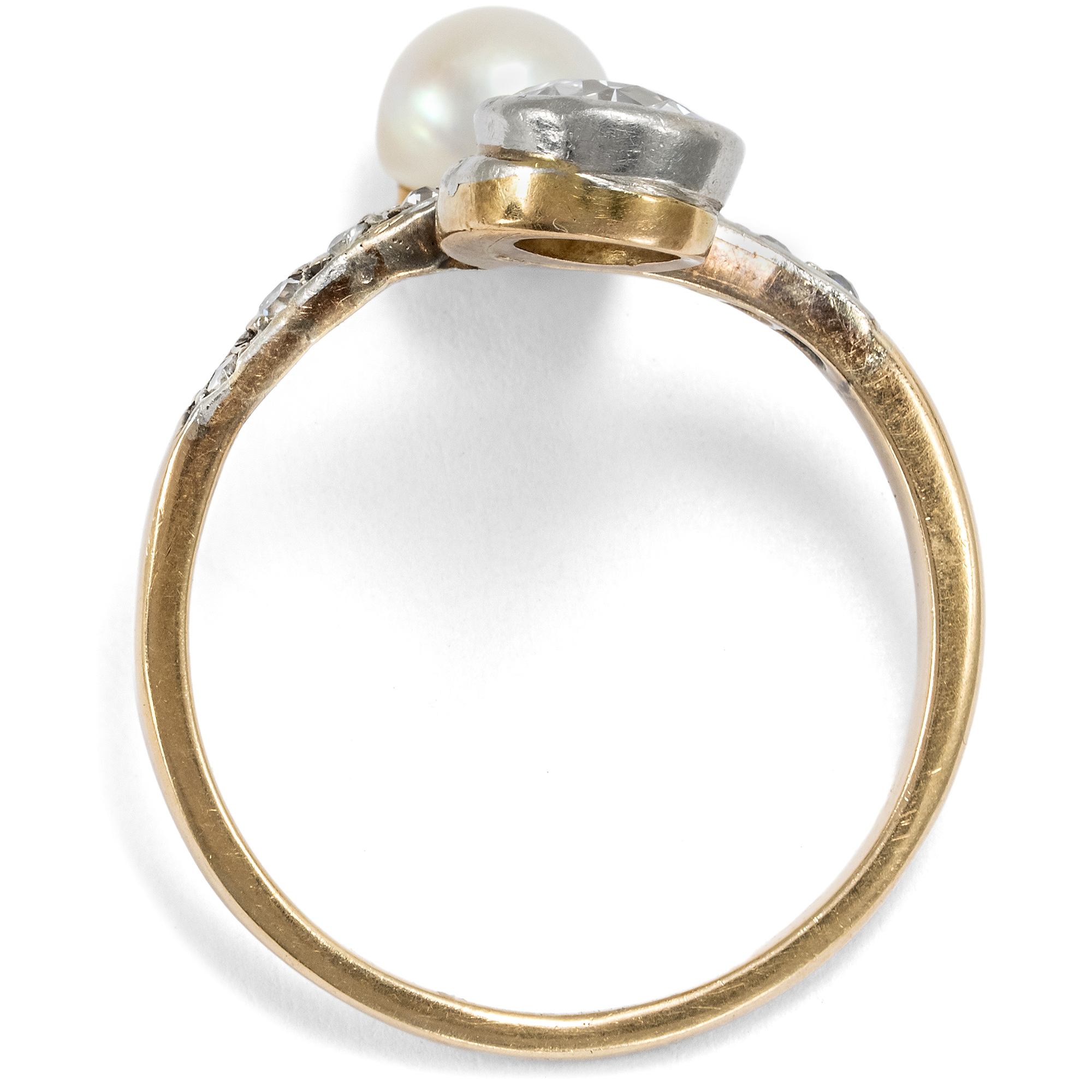 Antiker Toi-et-Moi Ring mit Diamanten und Naturperle, um 1895 Antiker Toi-et-Moi Ring mit Diamanten und Naturperle, um 1895