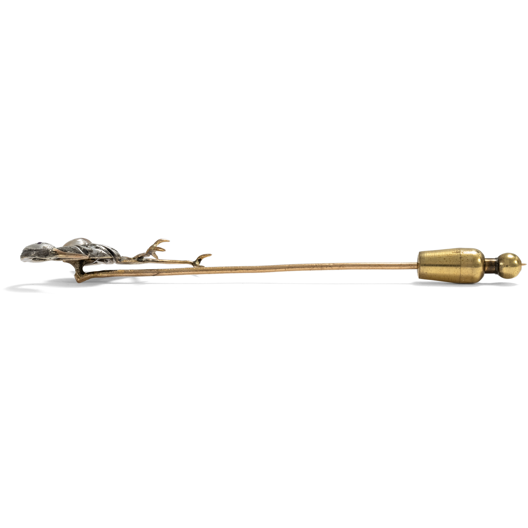 Antike Anstecknadel aus Gold und Silber mit Naturperle und Diamantrosen, um 1895 Antike Anstecknadel aus Gold und Silber mit Naturperle und Diamantrosen, um 1895