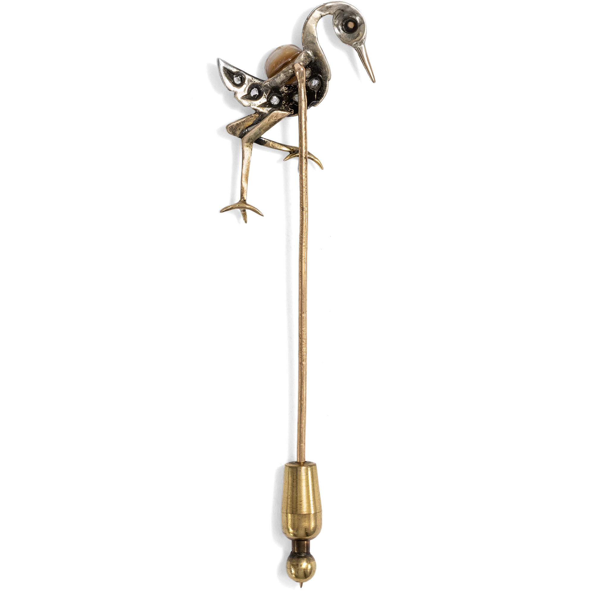 Antike Anstecknadel aus Gold und Silber mit Naturperle und Diamantrosen, um 1895 Antike Anstecknadel aus Gold und Silber mit Naturperle und Diamantrosen, um 1895