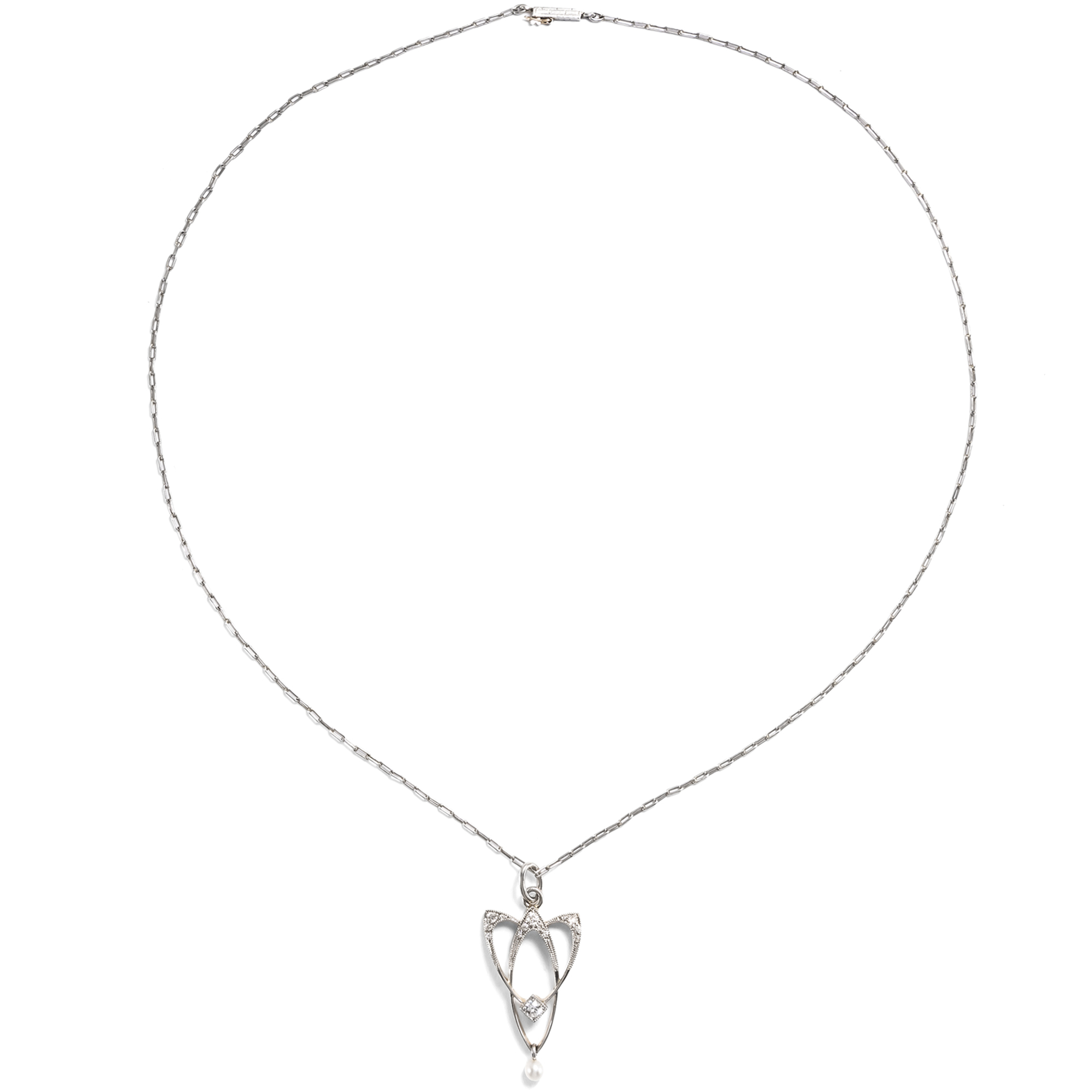 Jugendstil-Anhänger aus Platin und Gold mit Diamanten und Naturperle, um 1905 Jugendstil-Anhänger aus Platin und Gold mit Diamanten und Naturperle, um 1905