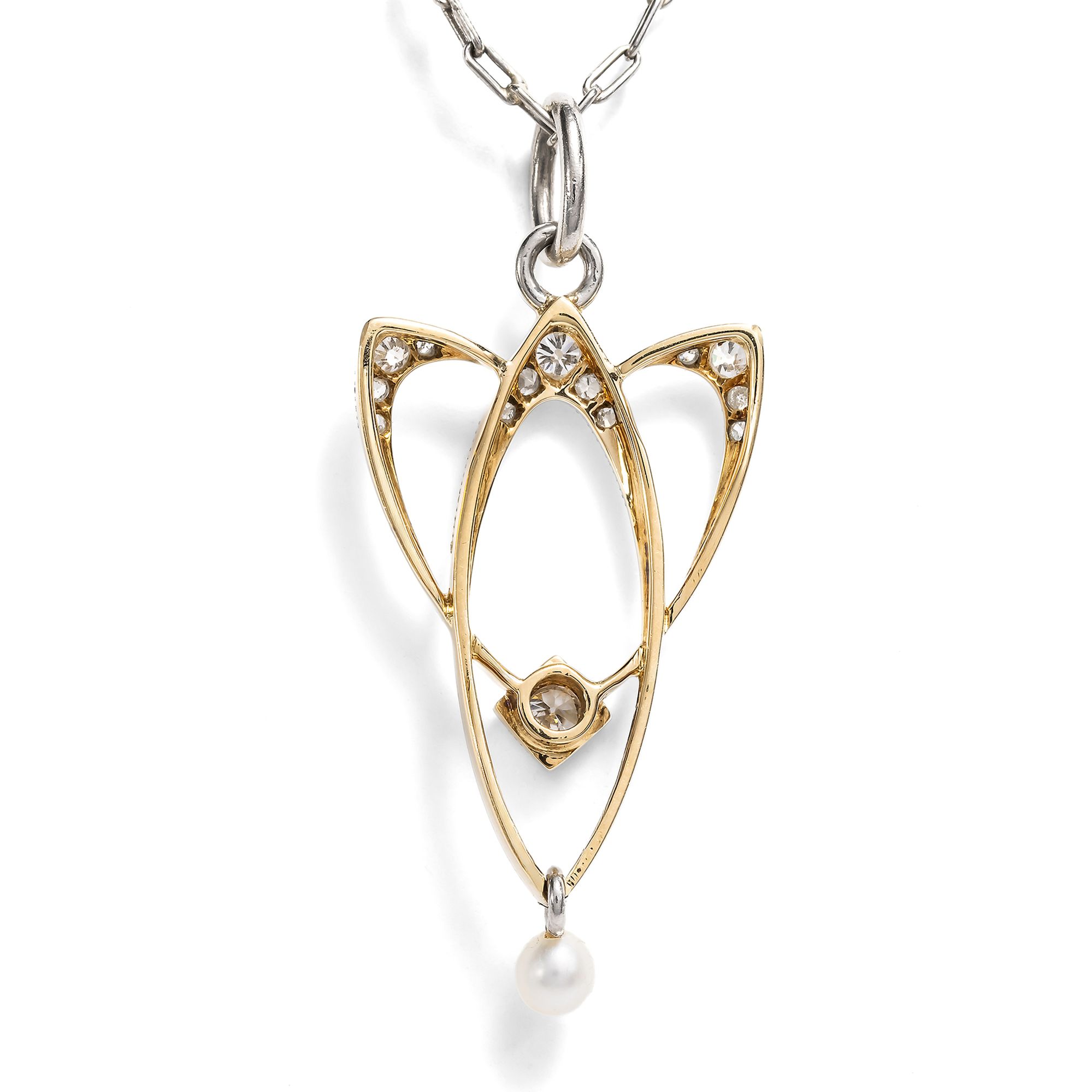 Jugendstil-Anhänger aus Platin und Gold mit Diamanten und Naturperle, um 1905 Jugendstil-Anhänger aus Platin und Gold mit Diamanten und Naturperle, um 1905